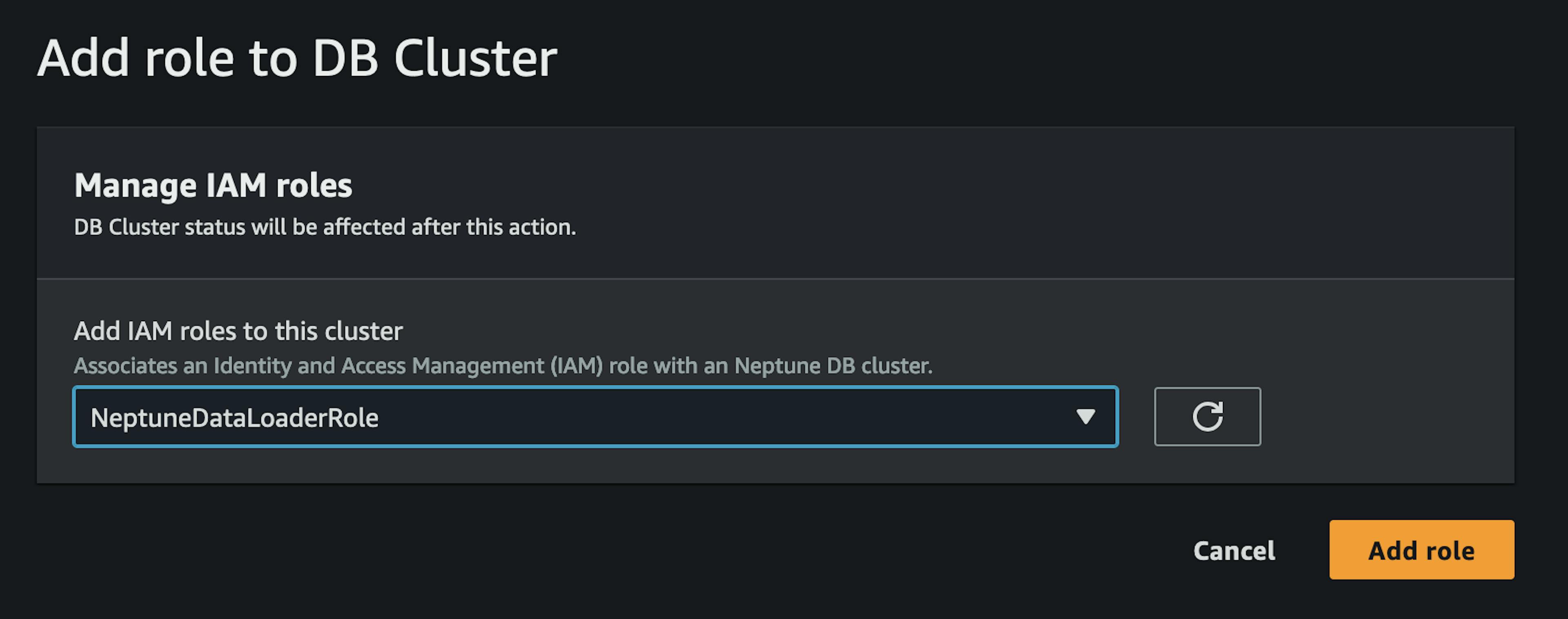 Adding the IAM role to the Neptune cluster. 