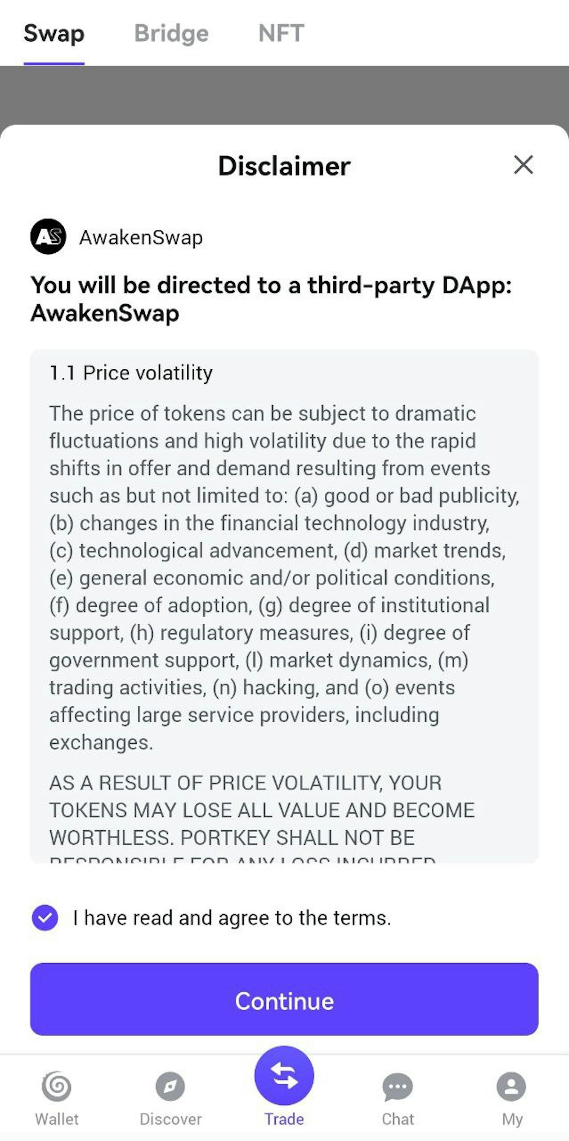 When users switch from Portkey to AwakenSwap to perform token swaps, a disclaimer appears to include a warning about price volatility 