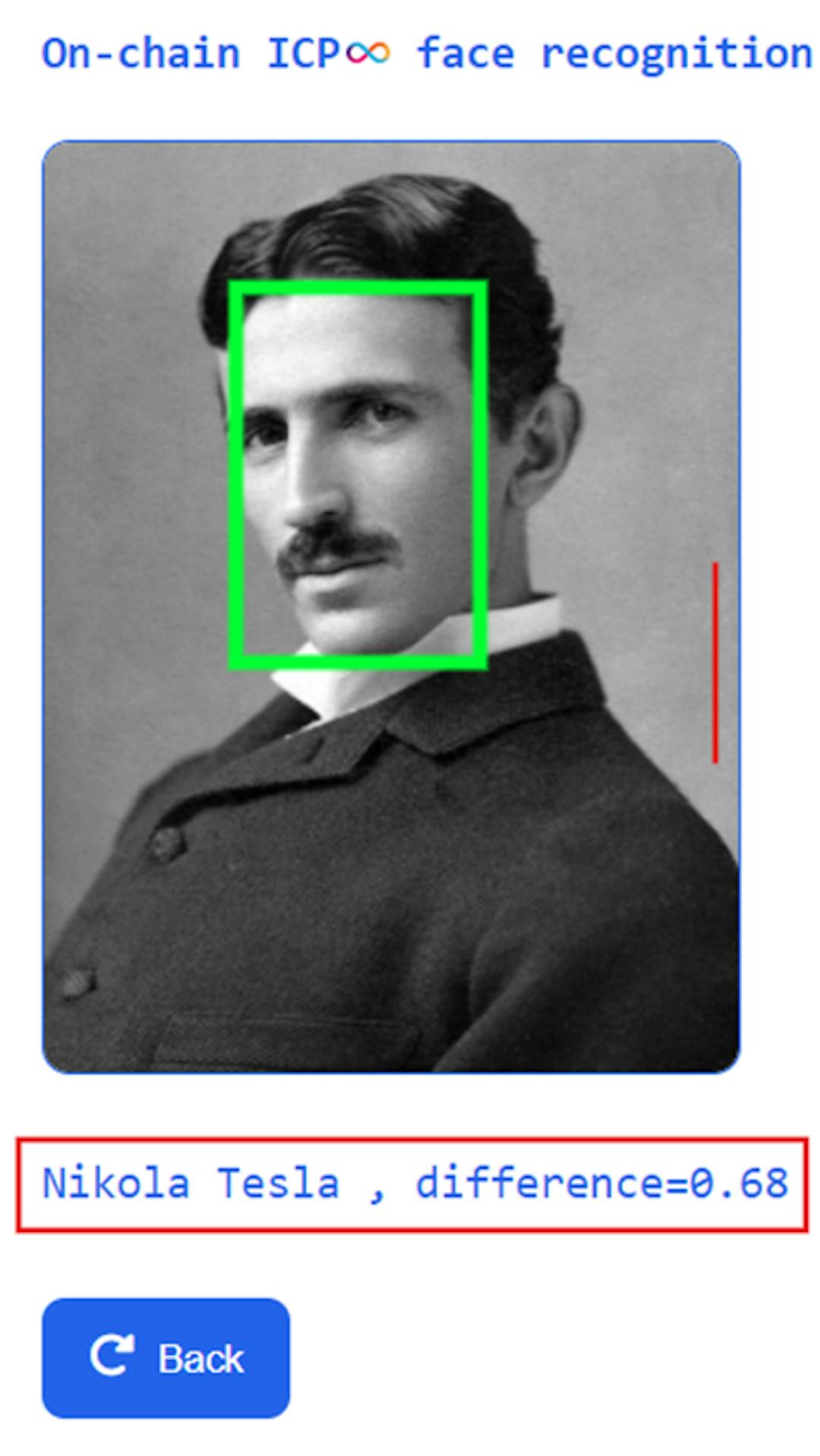 Figura 6. La IA ha detectado con éxito el rostro de Nikola Tesla en otra foto con una diferencia de 0,68