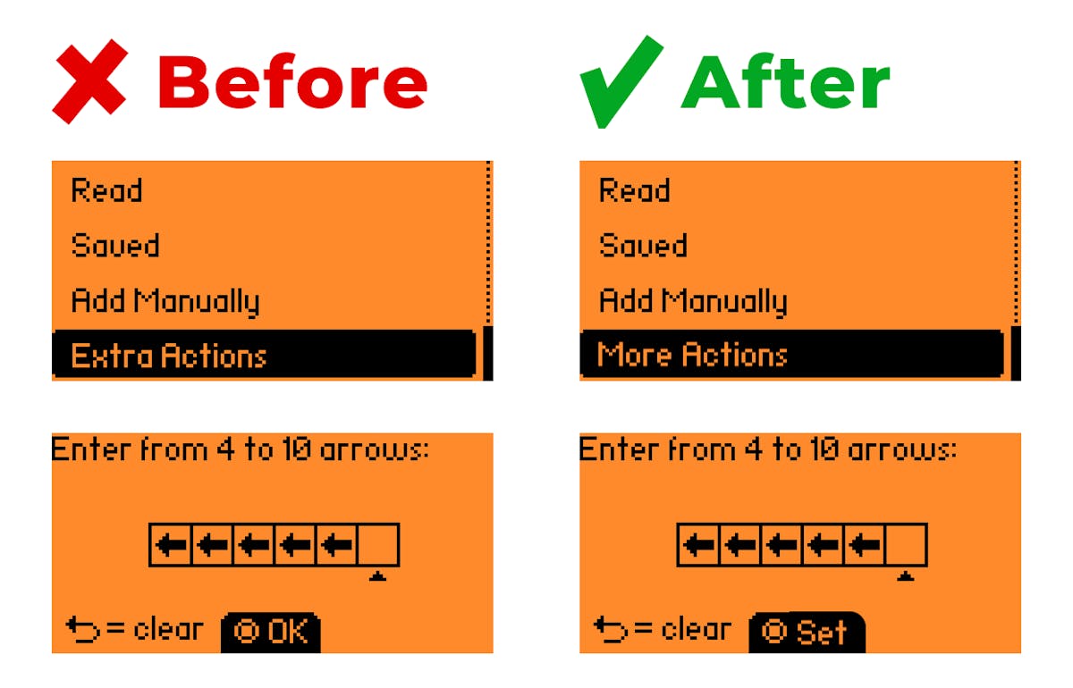 Example of using commonly accepted button names — “More actions” and “Set” instead of “Extra actions” and “OK” in the RFID menu and PIN saving screen