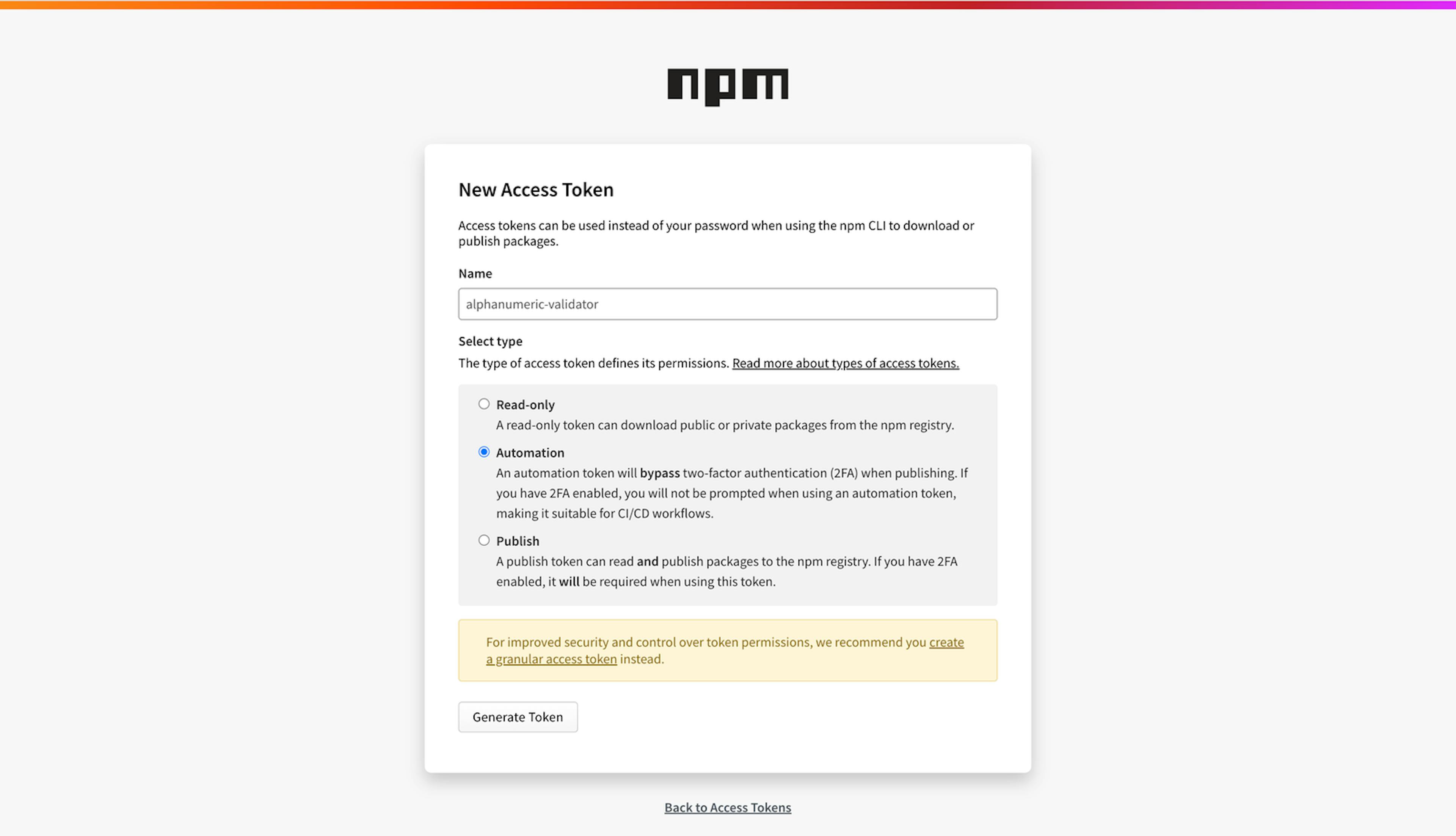 Creating an NPM access token