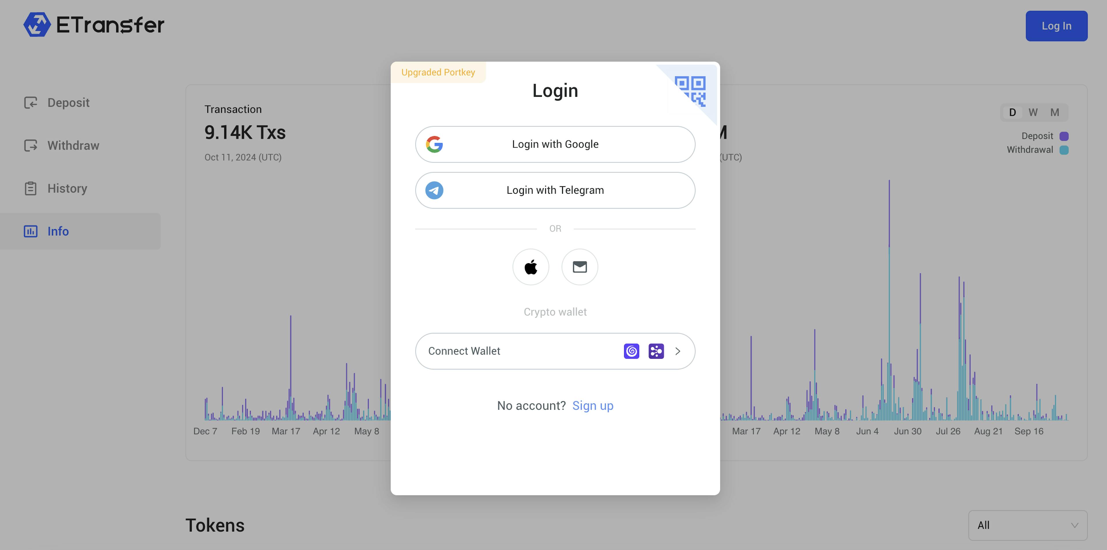 One-click wallet connection on ETransfer, with QR code support