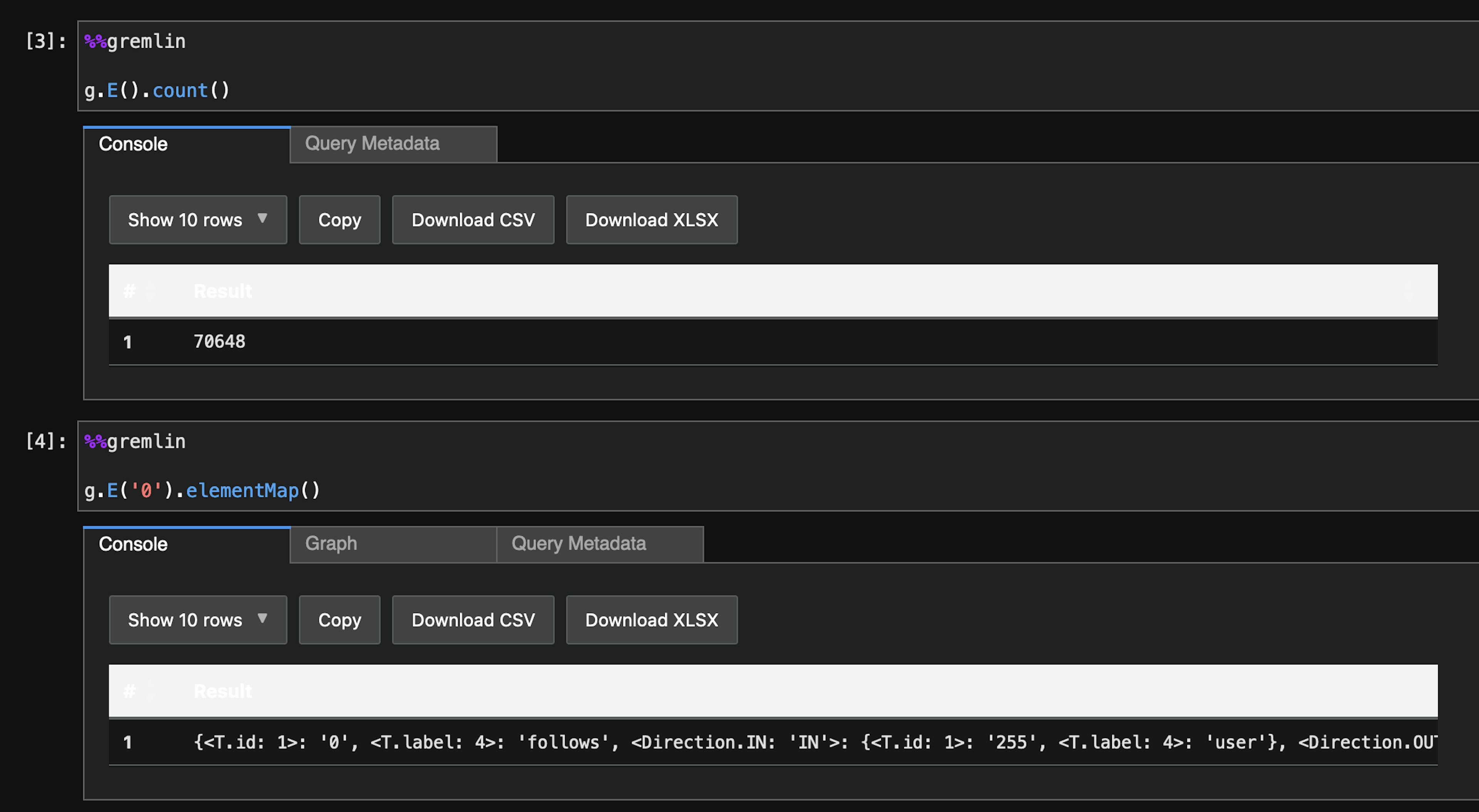 Getting the number of edges in the graph and getting a single edge element map by ID in a Sagemaker / Neptune Notebook.