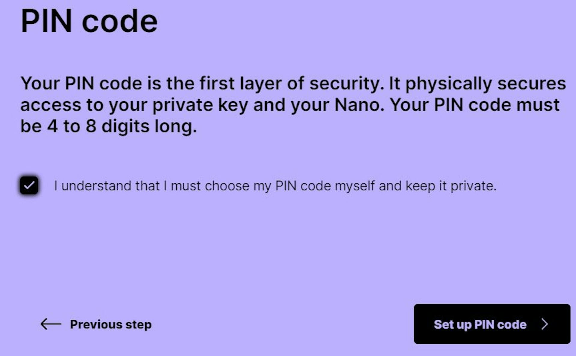 Set up Nano wallet PIN code