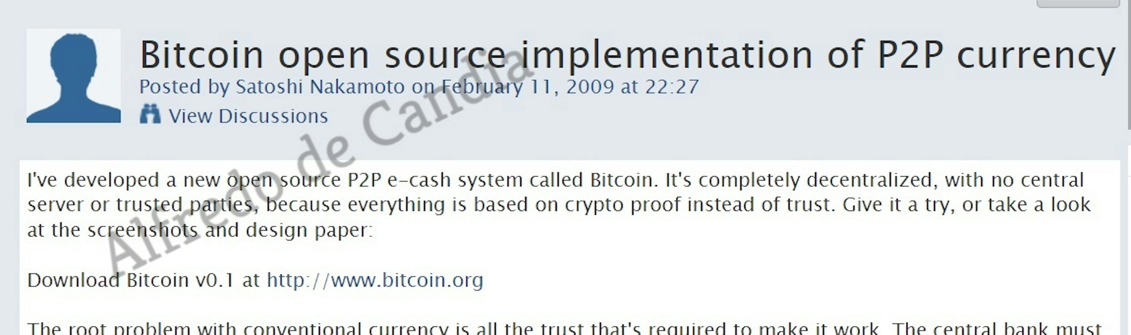 Satoshi Nakamoto post on 2009