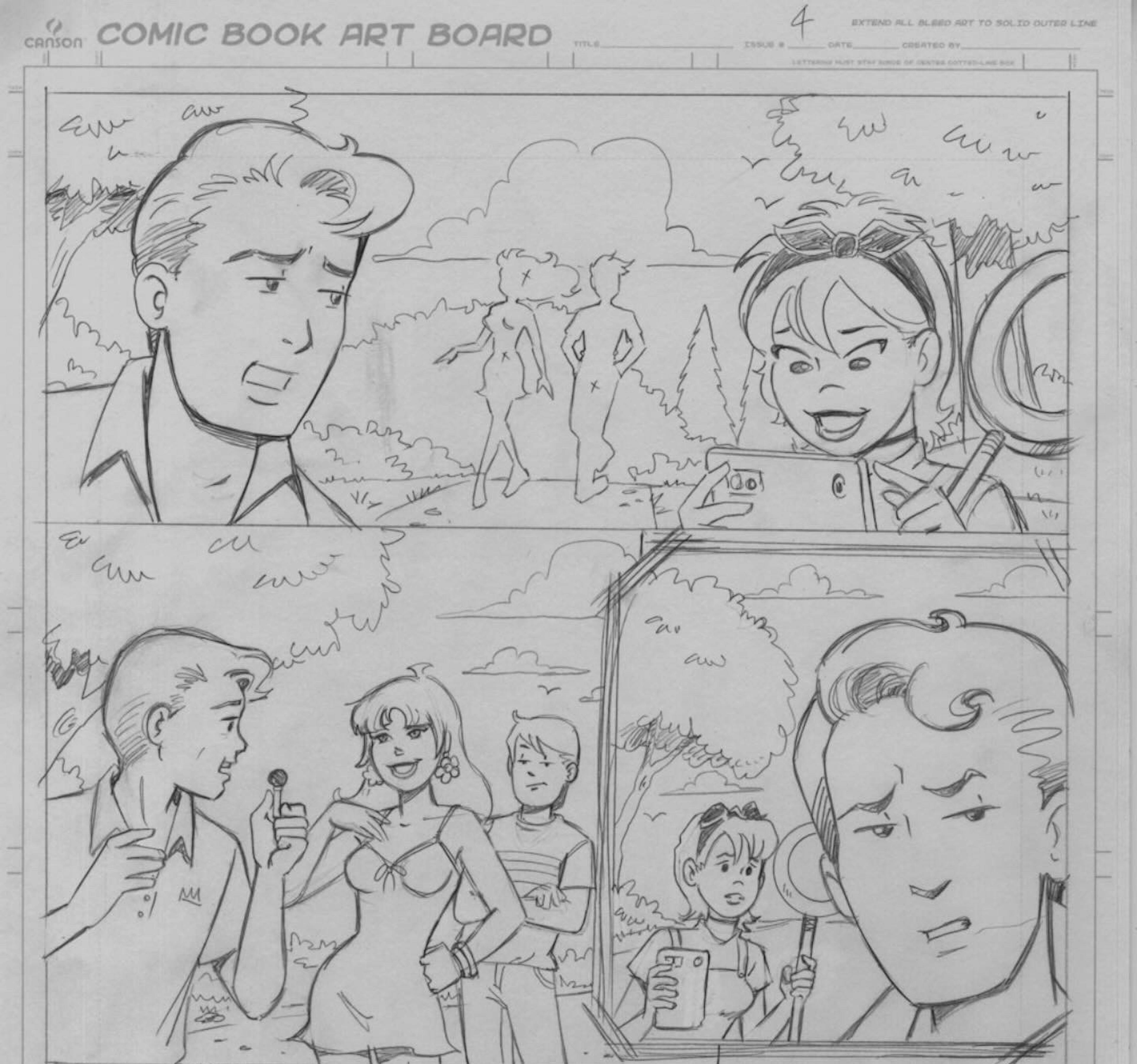 在这张由阿奇漫画艺术家 Holly Golightly 创作的早期铅笔素描中，她画了一个 Riverdale 角色 Sally（右上图），她是 Young Dr. Masters 的助手。她被画成作家 Goldie Chan 的样子，这是 Archie 粉丝的众多有趣复活节彩蛋之一。这一特写将出现在 BETTY & VERONICA DIGEST #325：The Doctor Does Dating 中，主角是 Young Dr. Masters，将于 2024 年 6 月 19 日在零售商处发售。