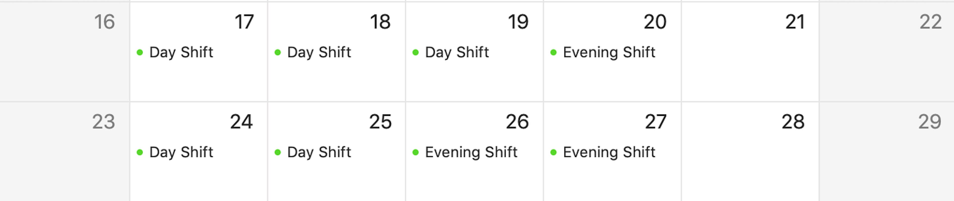 Apple Calendar showing a variety of day/evening shifts interspersed
