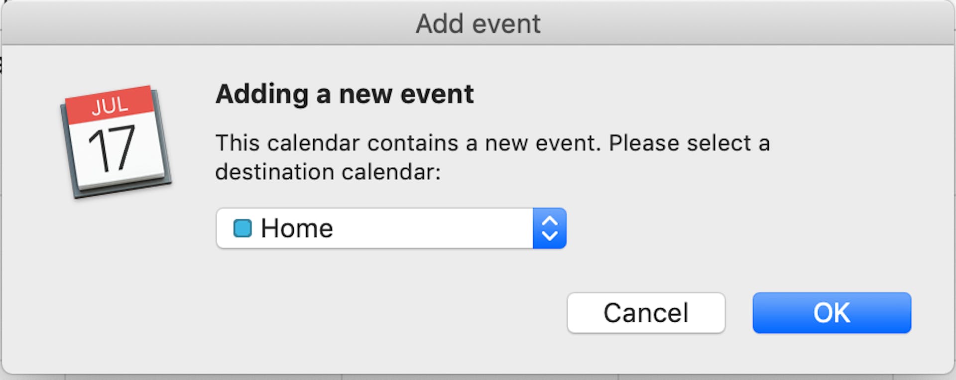 An image of an calendar prompt, asking whether to add a new event to your calendar