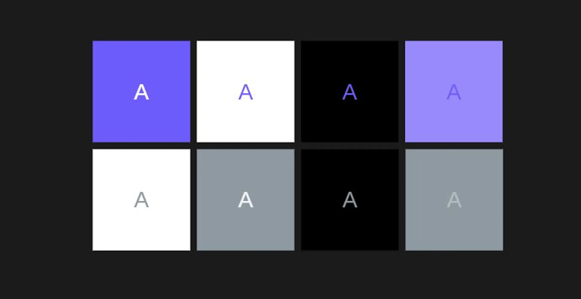 Same letter A , different pairings — contrast is what decides whether you can read it, not the colour itself.