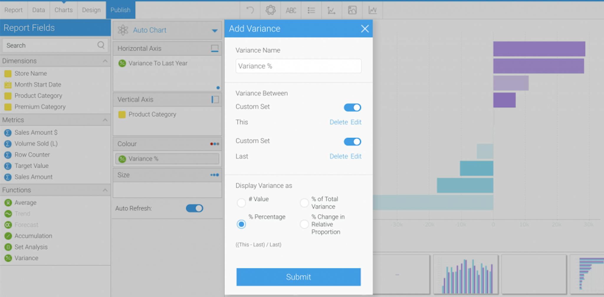 Here’s, for example, one of the editing views in Yellowfin BI. The ‘Submit’ button and the switch controls are clearly different from the rest of the layout, which makes them more visible to the user.