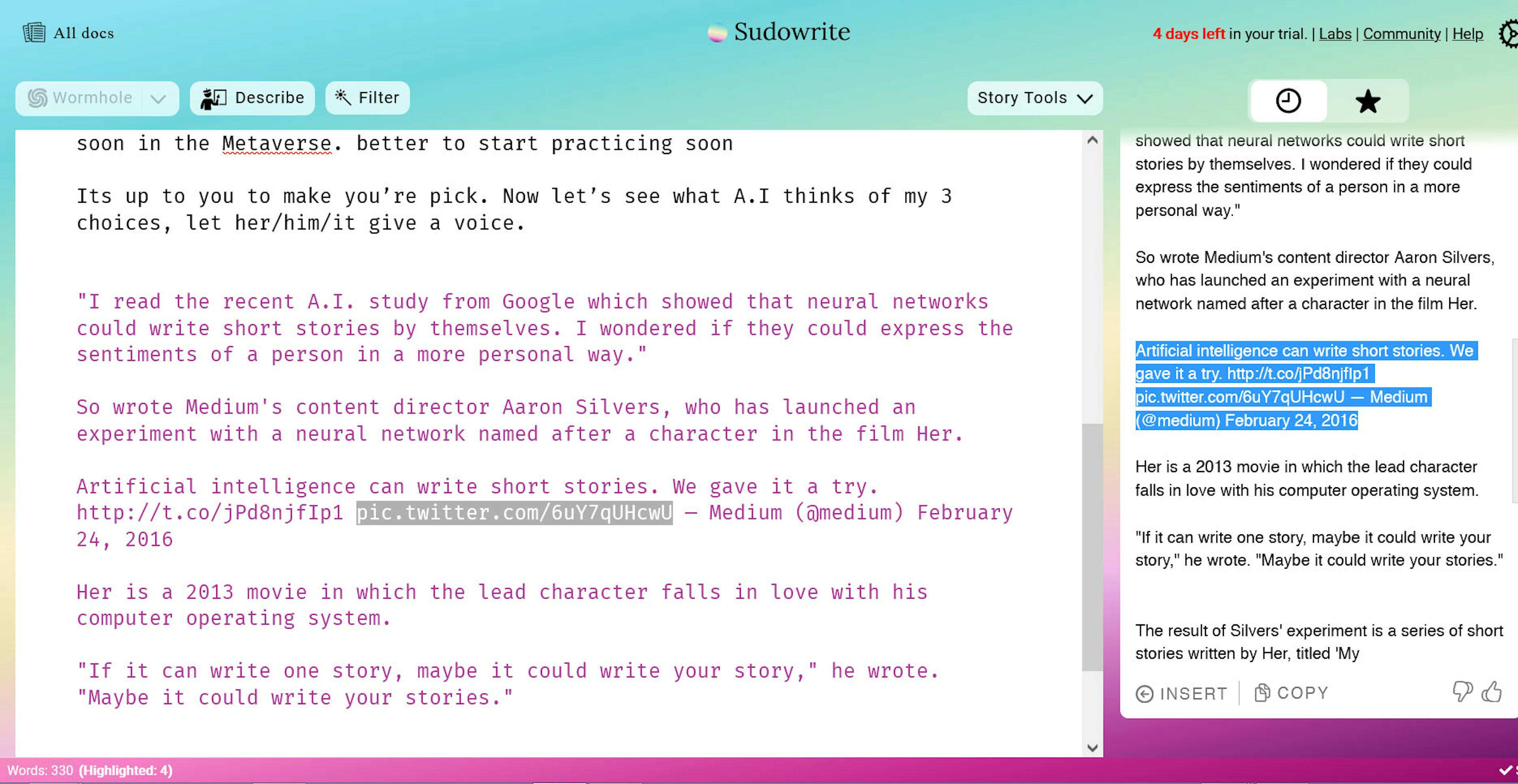 screenshot from Sudowrite following up on my first paragraph