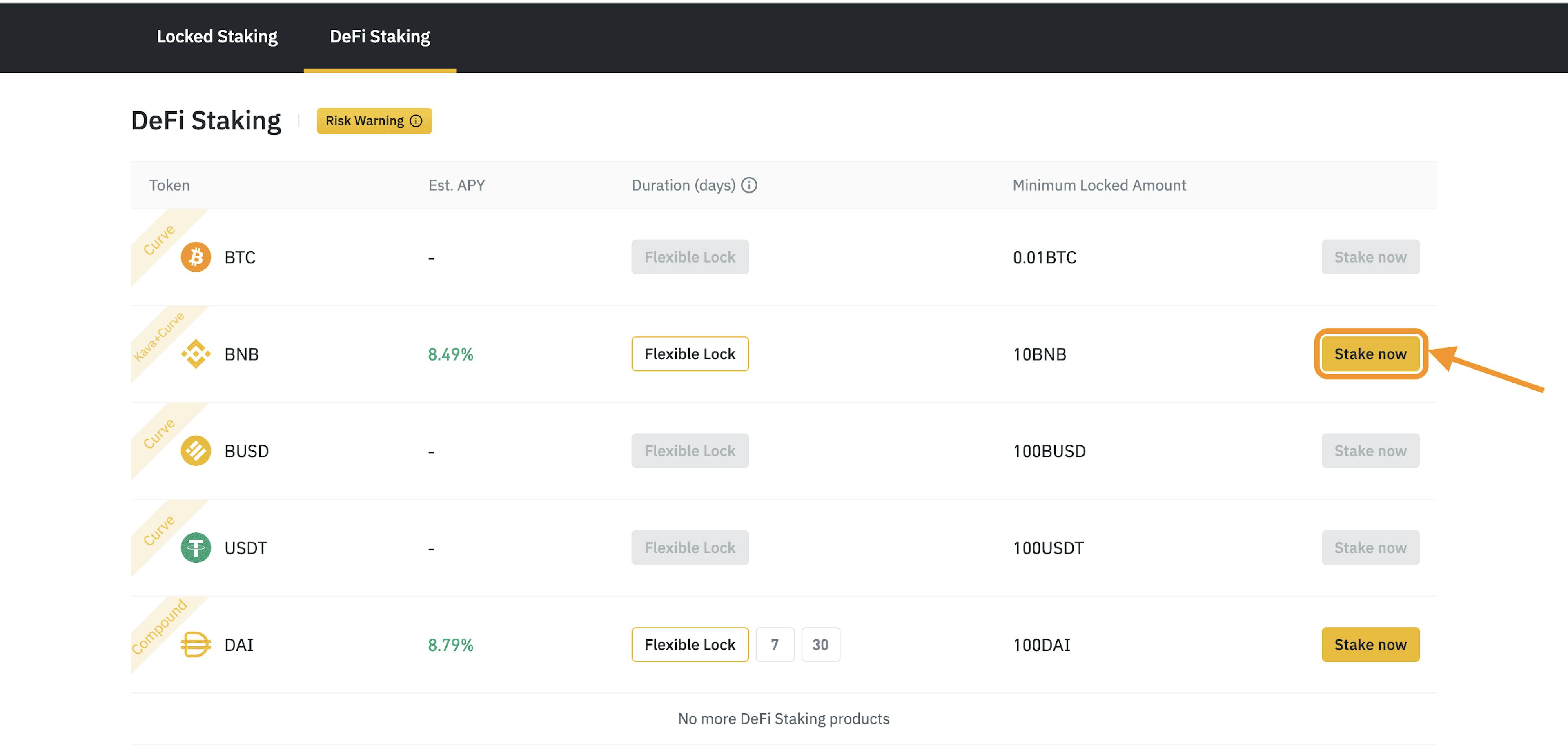 The Binance staking menu. Simple 1-click action