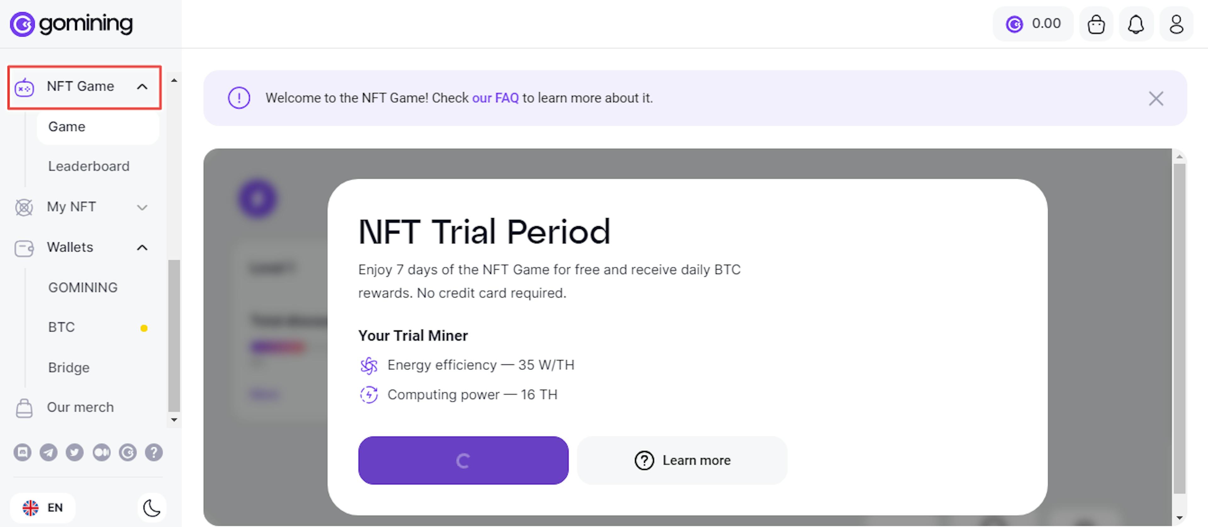 Figure 6. Gomining NFT Game section