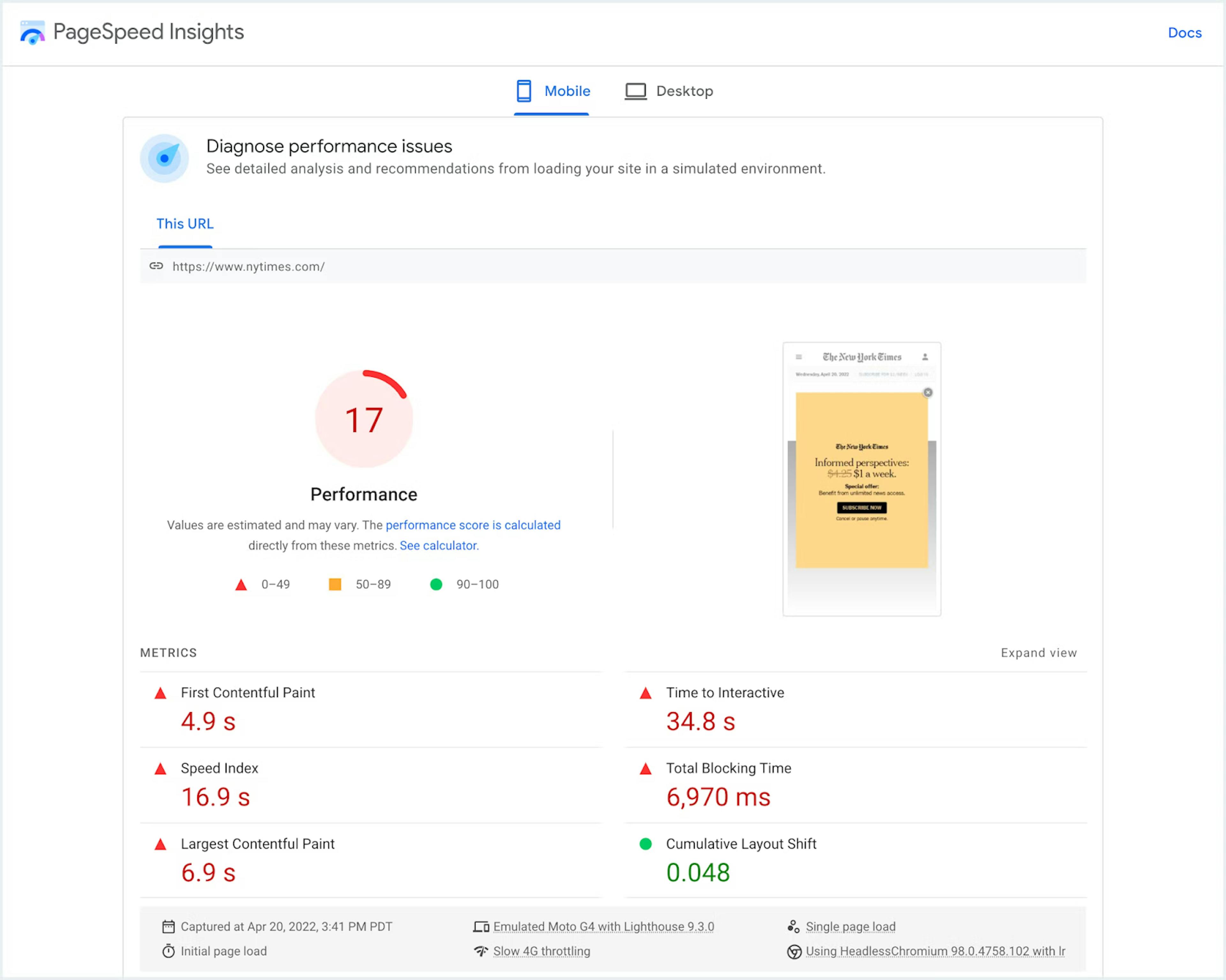 nytimes.com had a low PageSpeed insights score