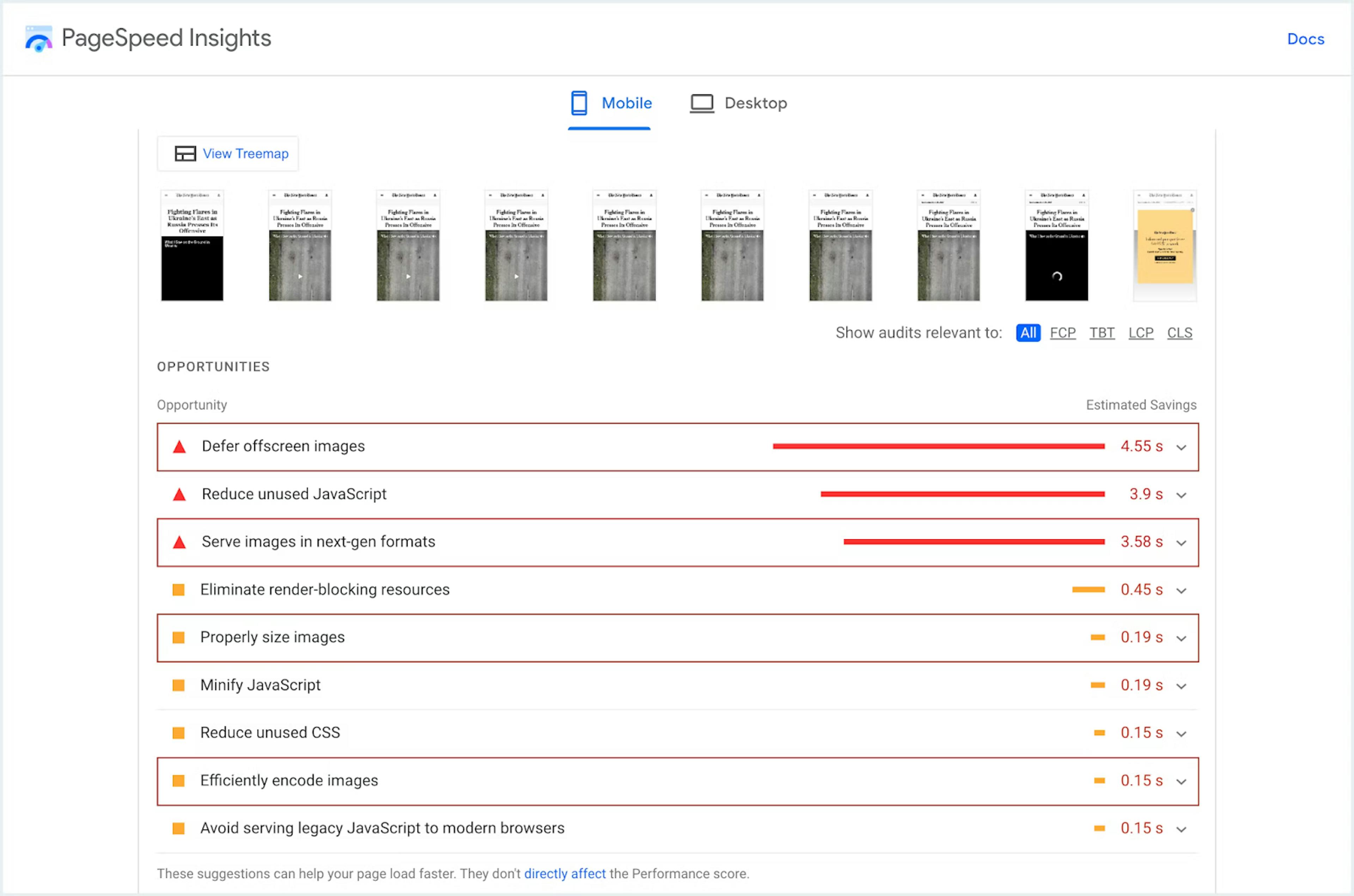 nytimes.com's Core Web Vitals are adversely impacted by images