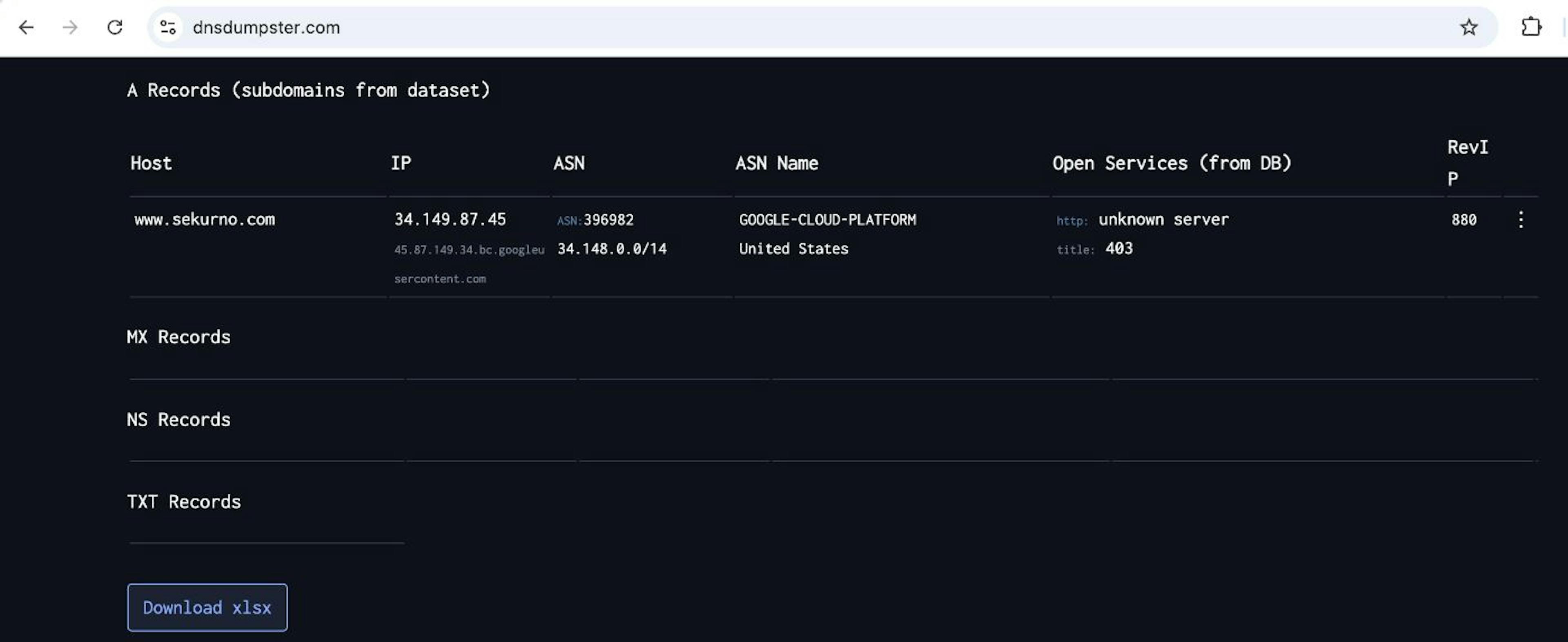 Example: Searching sekurno.com on DNSDumpster reveals associated IP addresses and subdomains.