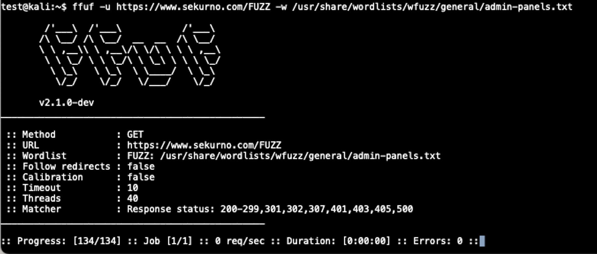 Example: directory enumeration with the ffuf tool for *www.sekurno.com*