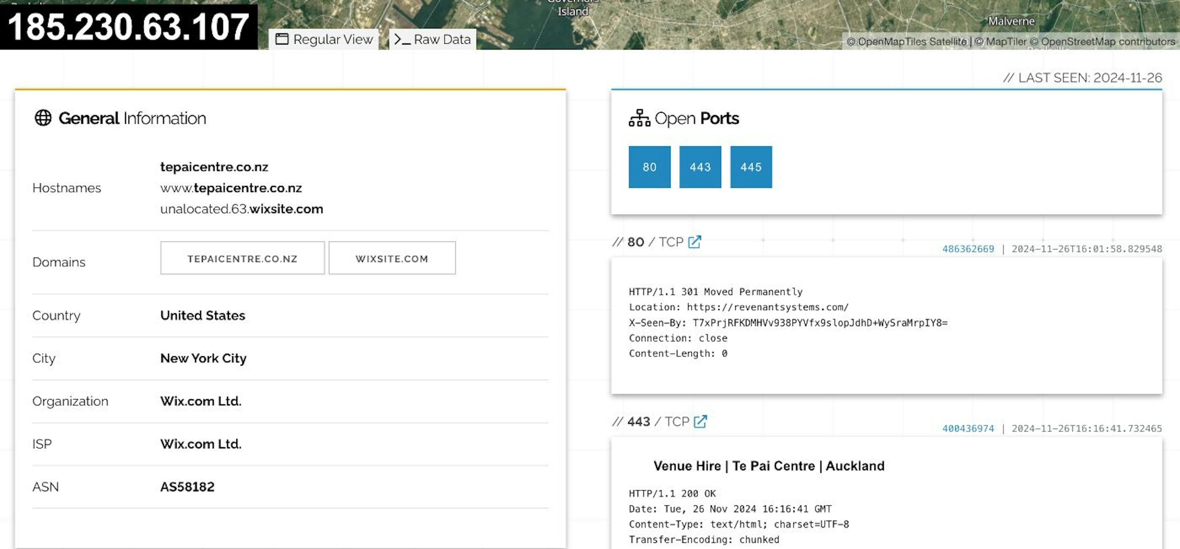 Example: Using Shodan to search for IP 185.230.63.107 reveals open ports, running services, and software versions.