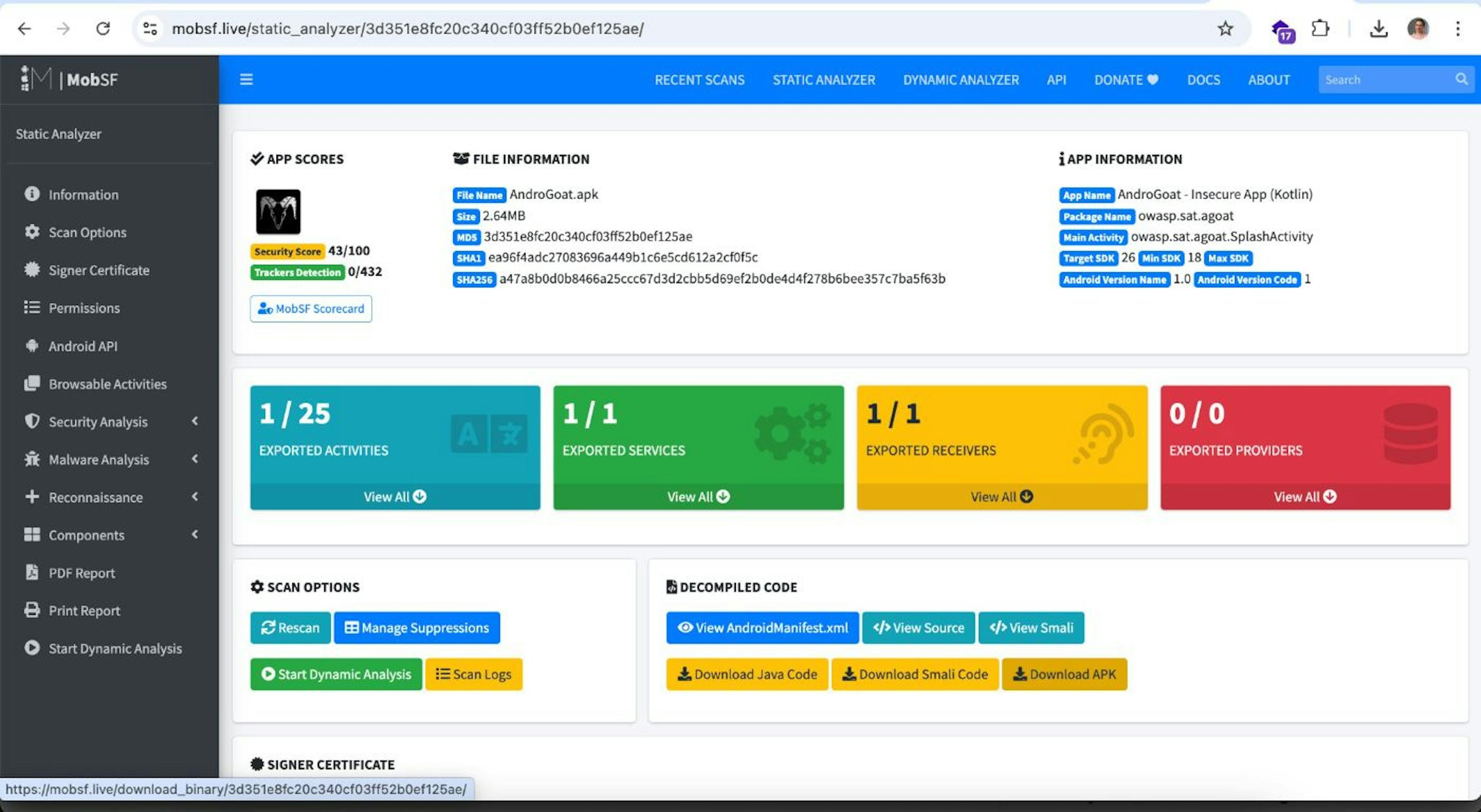 MobSF example https://mobsf.live/ for AndroGoat app