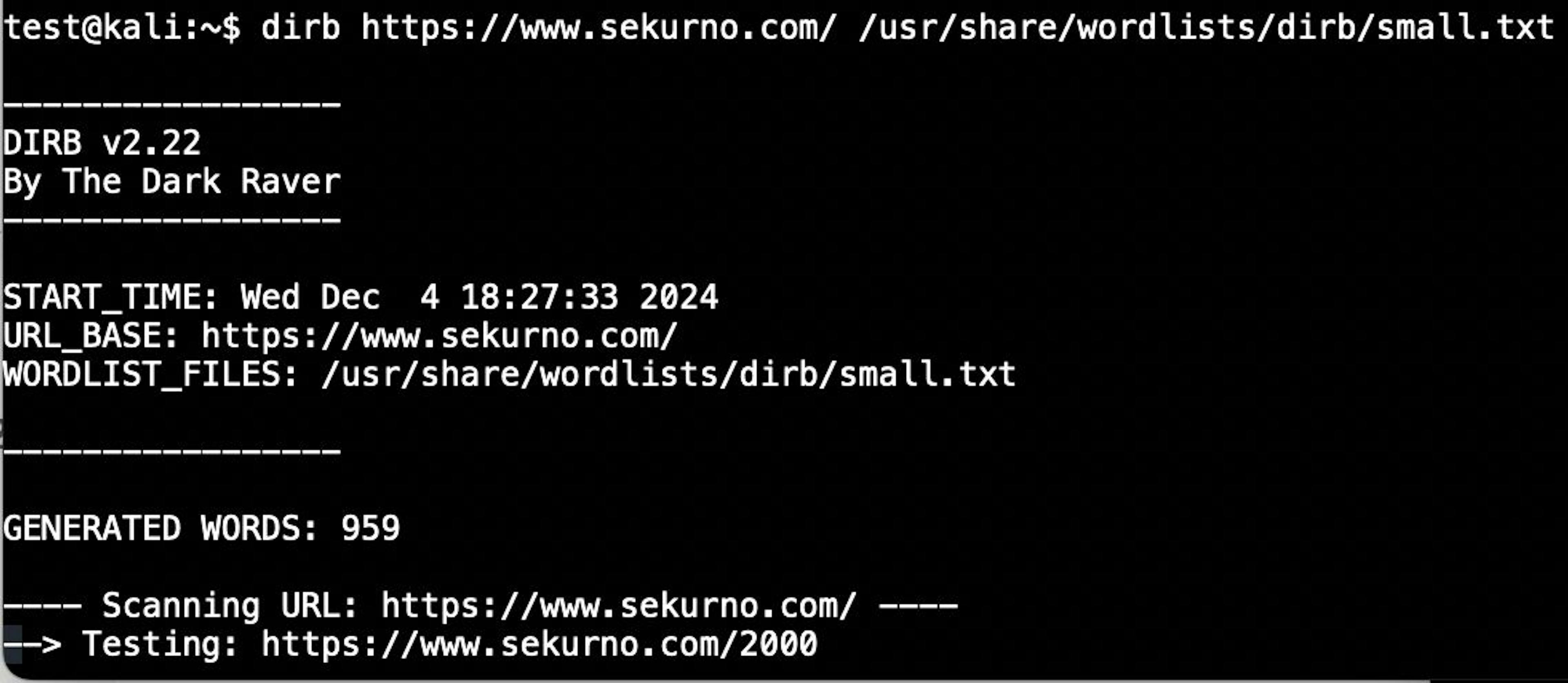 Example: Searching for common directories on www.sekurno.com with a custom wordlist