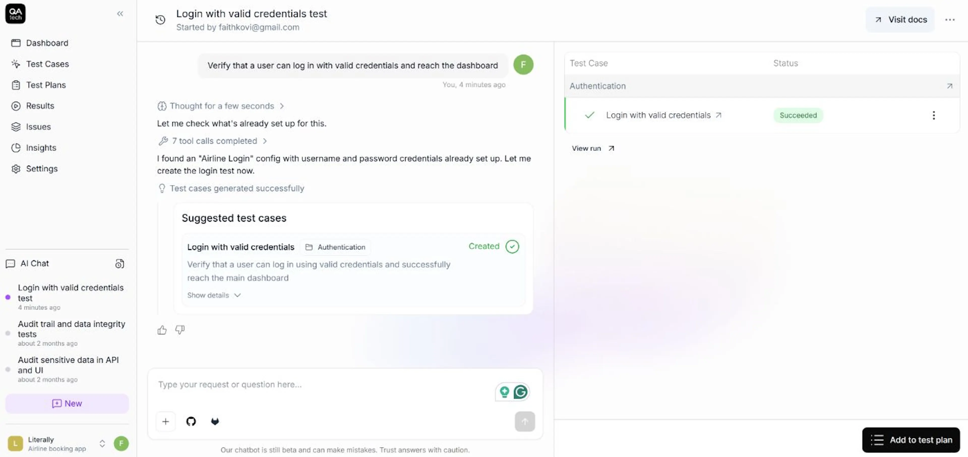 AI generates and runs a login test