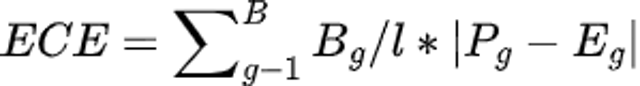 where B is the number of bins, B_i is the number of predictions in bin i, and l is the total number of observations.