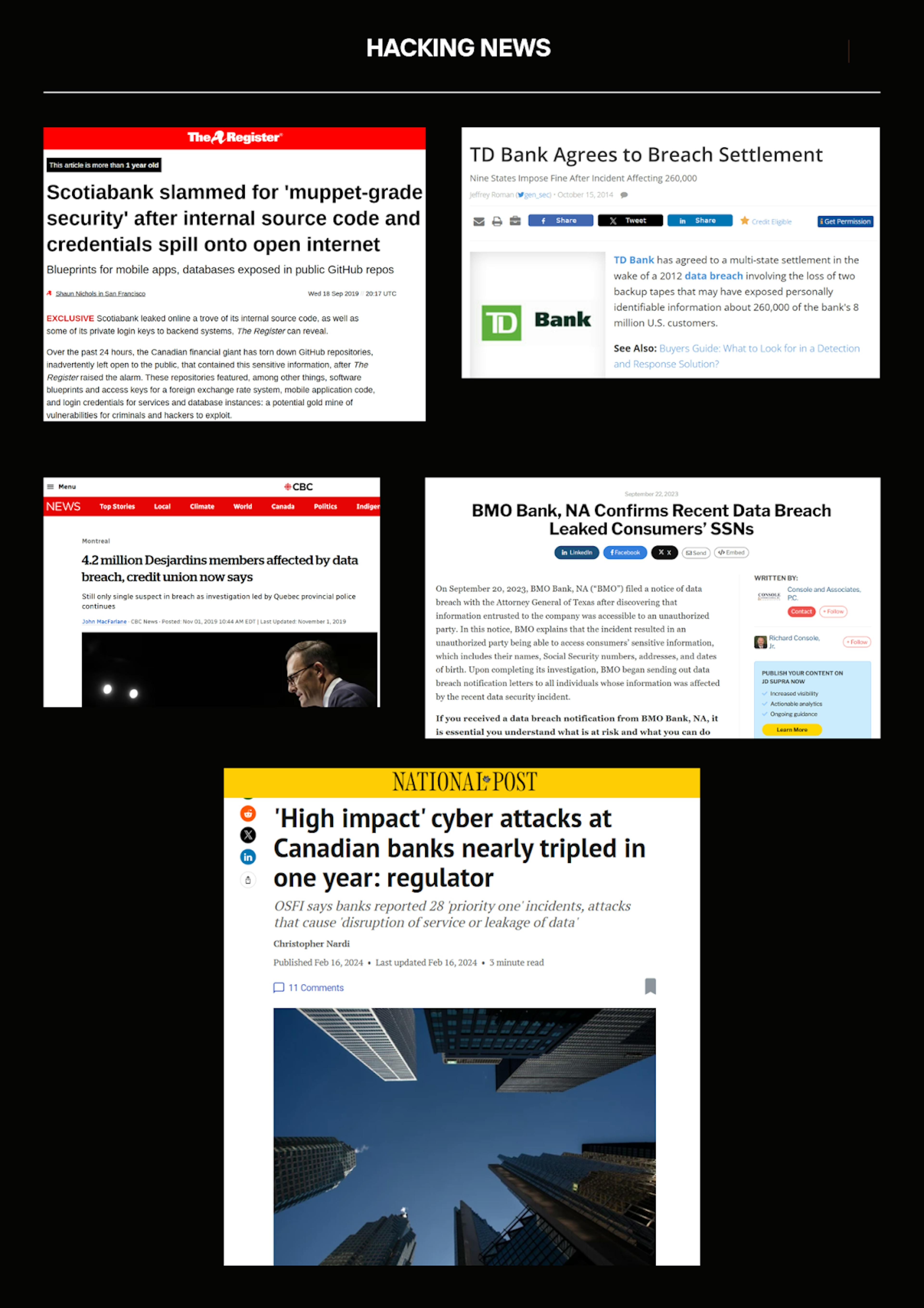 Collage de algunas noticias de hackeos bancarios divulgadas públicamente.