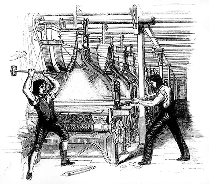 Later interpretation of Luddite machine breaking (engraving from the Penny magazine)