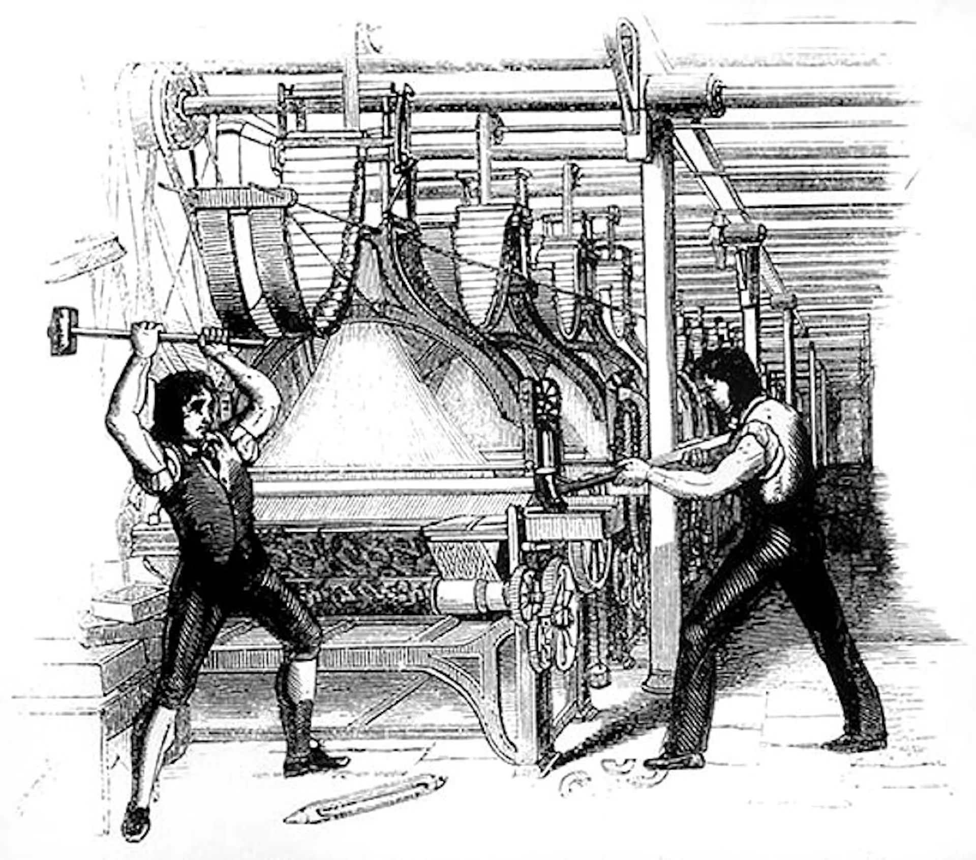 Later interpretation of Luddite machine breaking (engraving from the Penny magazine)