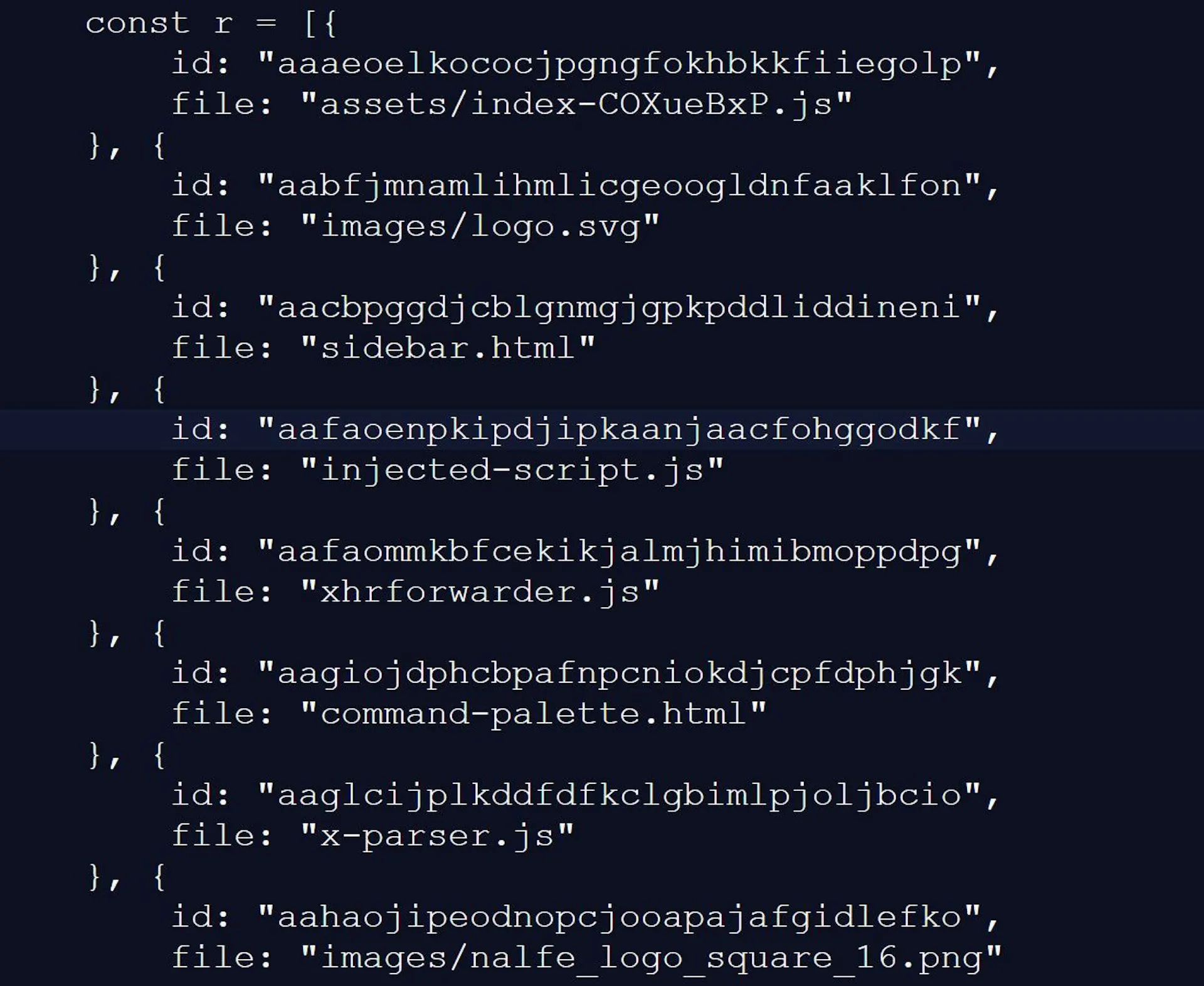 Snippet of the list of extensions scanned for by LinkedIn's script
