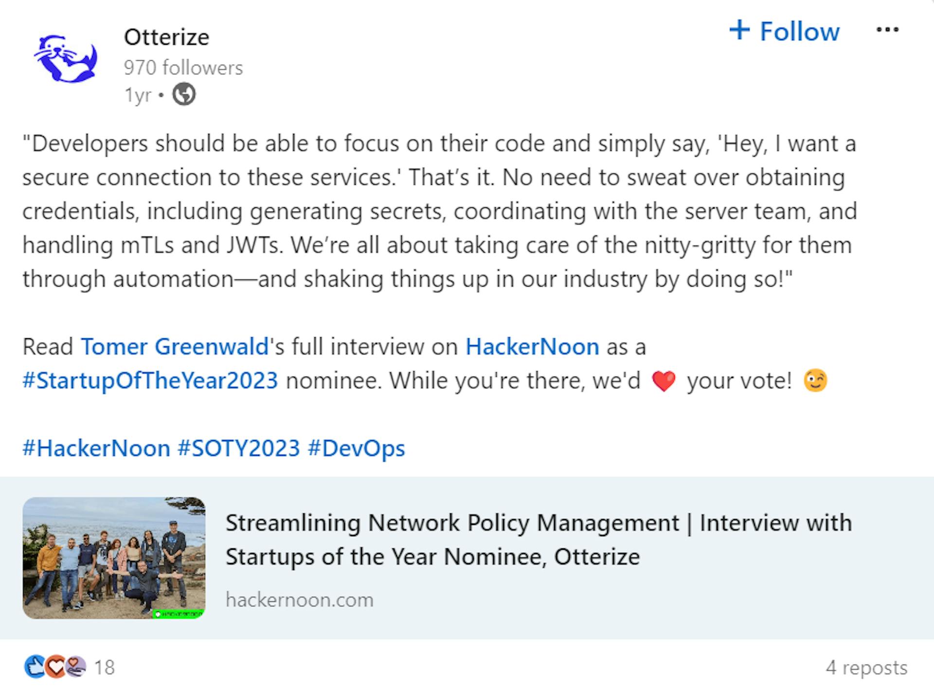 Otterize's call for voting via a HackerNoon article in 2023