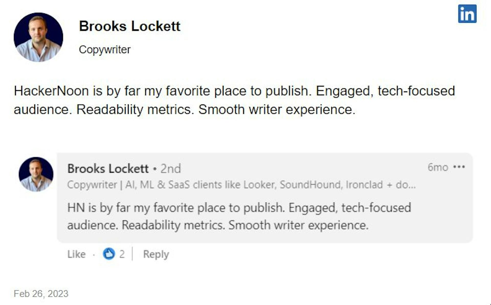 Brooks Lockett'ın HackerNoon hakkındaki ifadesi, Şubat 2023.