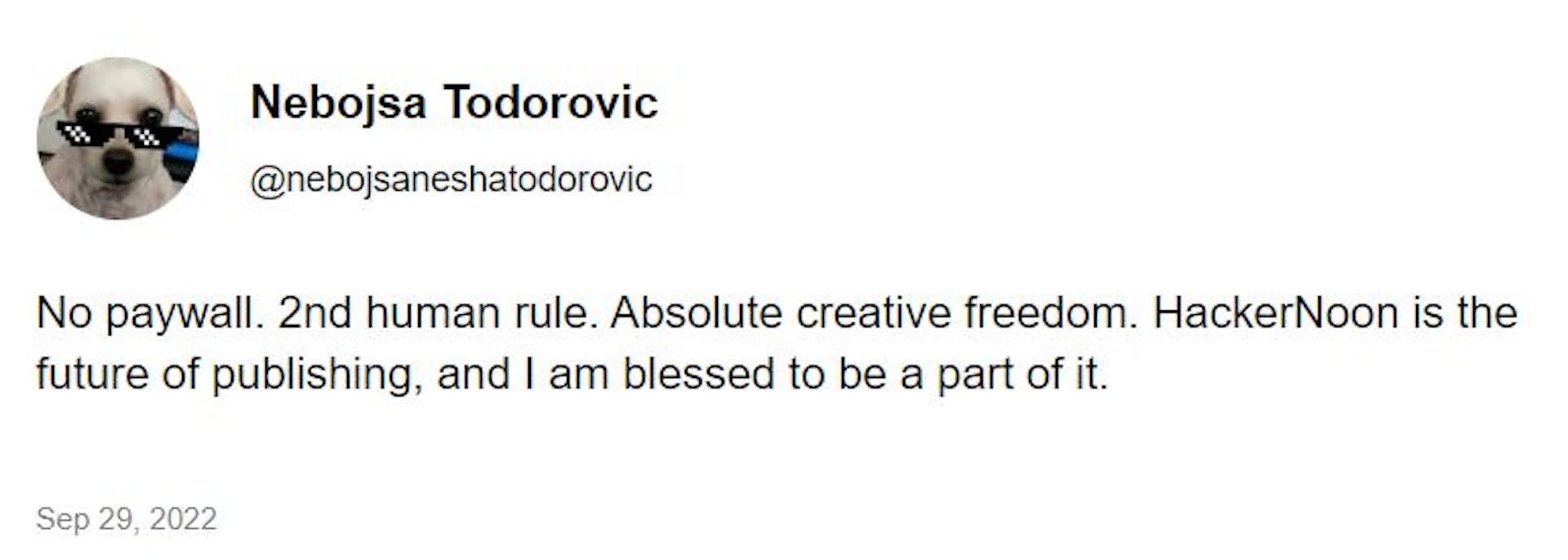 Aussage von Nesha Todorovic auf HackerNoon, September 2022.