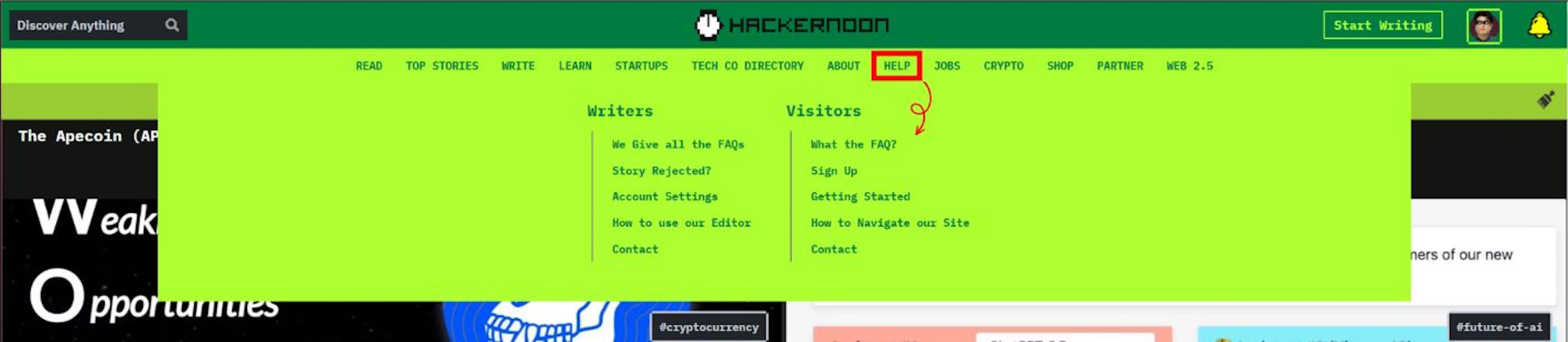 Figure 1. Section AIDE HackerNoon sur la barre de navigation.