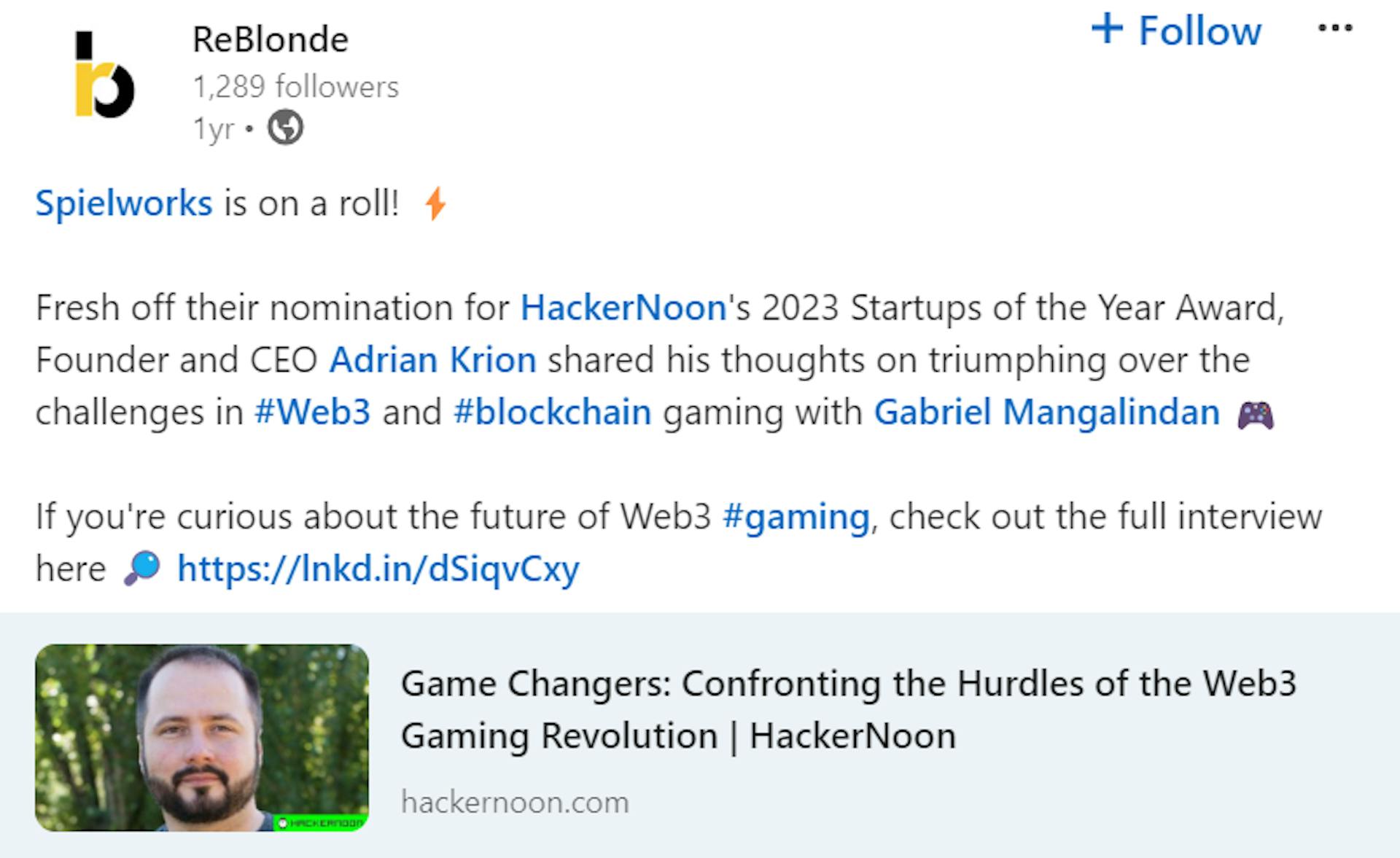 Artigo de ReBlonde sobre HackerNoon tras a nominación para Startups of The Year en 2023