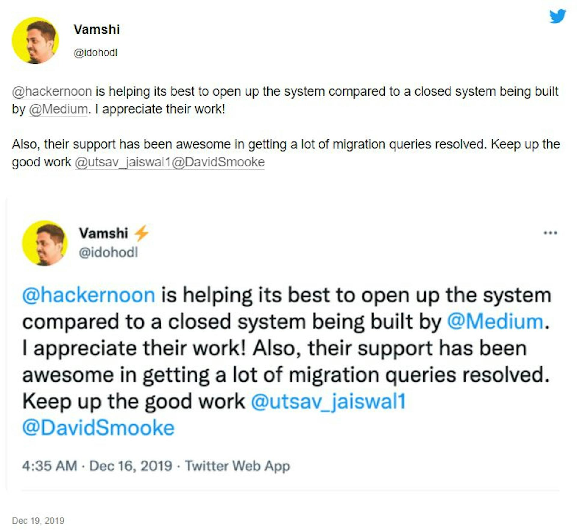 Vamshi'nin HackerNoon hakkındaki ifadesi, Aralık 2019.