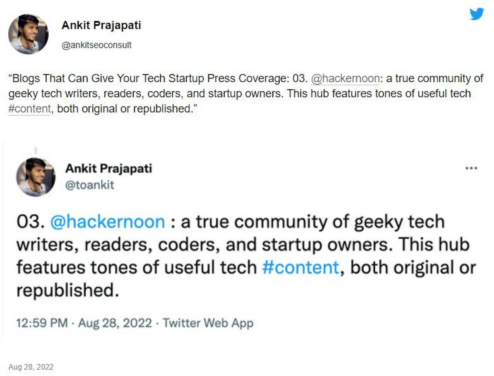 Ankit Prajapati's testament on HackerNoon, August 2022.