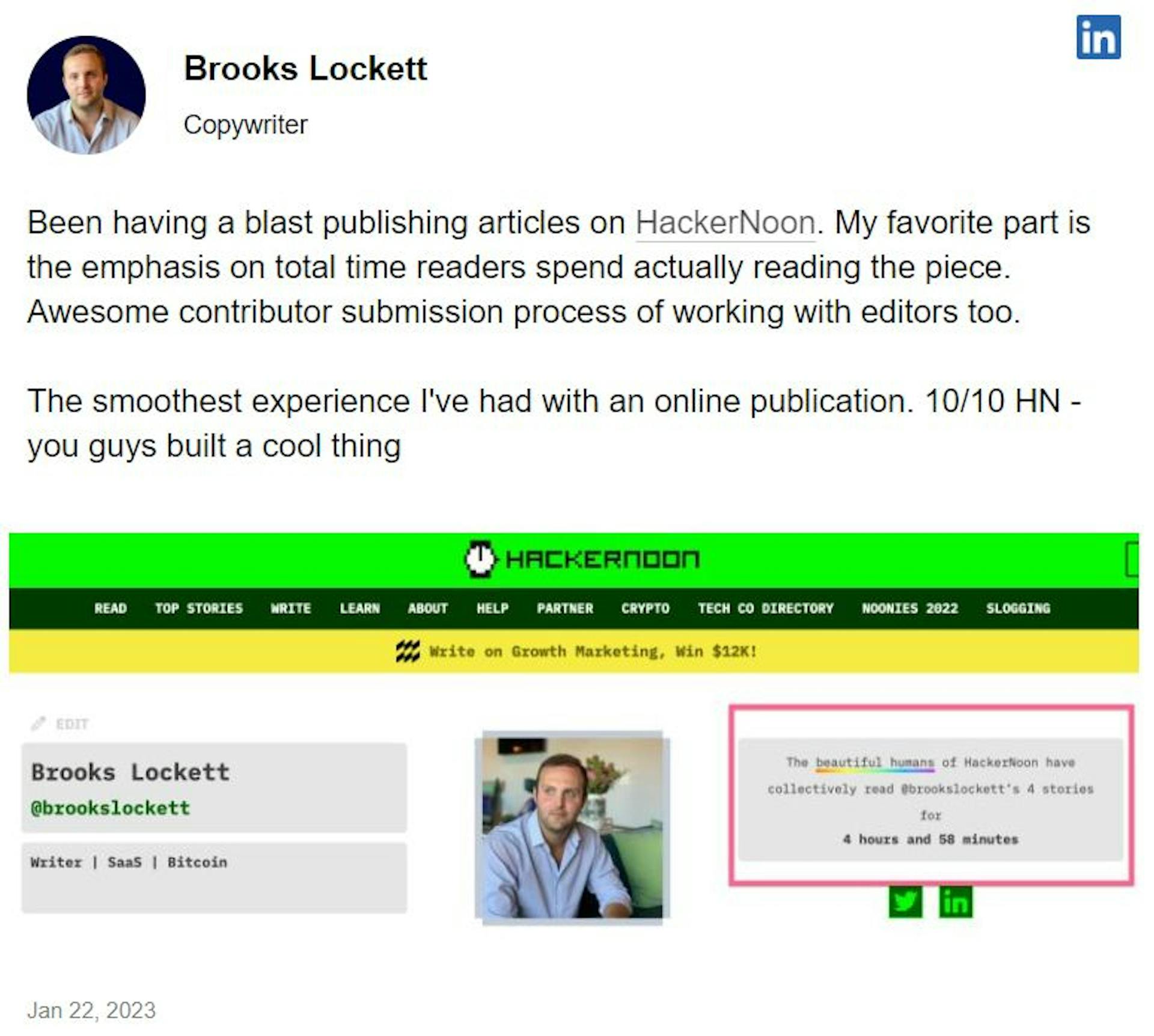 Témoignage de Brooks Lockett sur HackerNoon, janvier 2023.