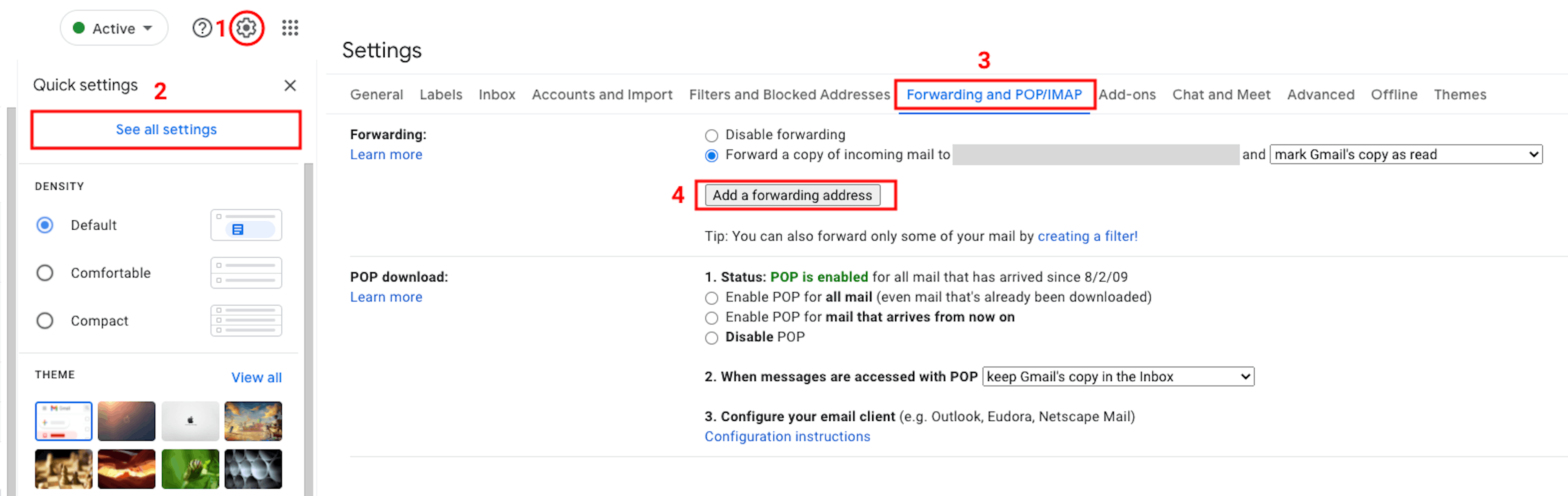 Click the gear icon to access all settings (left). From the Settings page, navigate to “Forwarding and POP/IMAP” to add a forwarding email address (right).