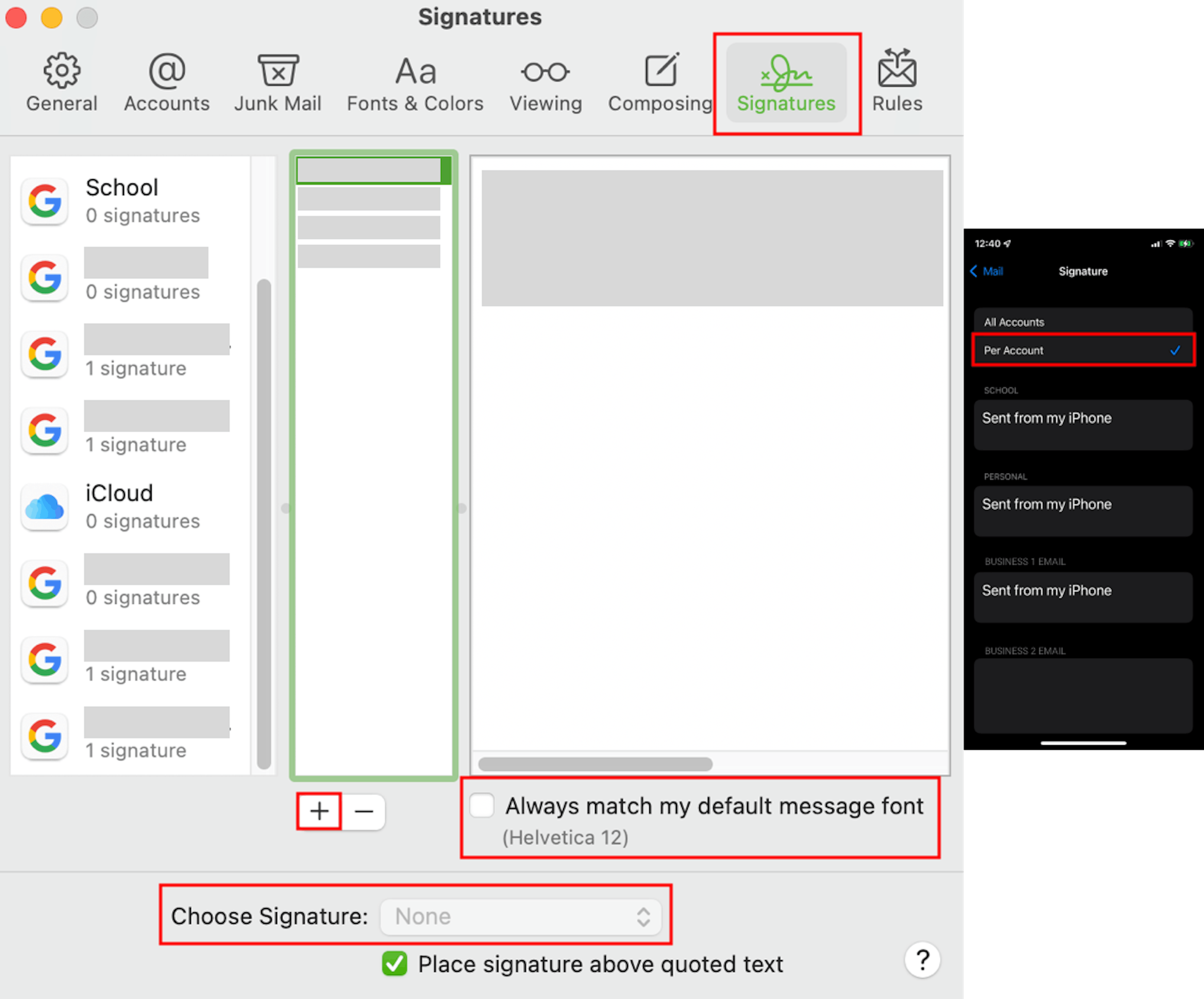 On macOS, go to the Signatures tab under Apple Mail preferences (left). On iOS & iPadOS, go to Apple Mail under settings and tap "Per Account" for email-specific signatures (right).