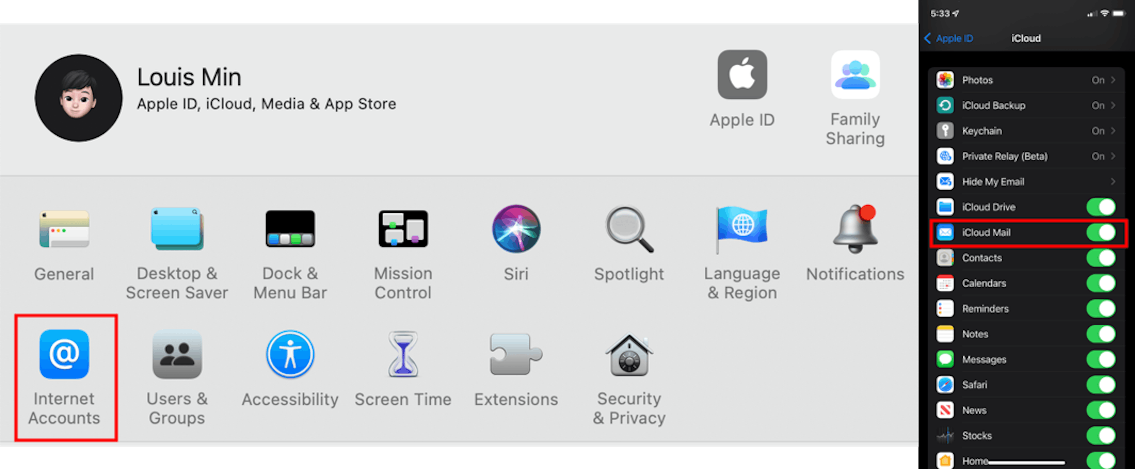 On macOS, go to Systems Preferences to access Internet Accounts (left). On iOS & iPadOS, go to Settings then iCloud to access iCloud Mail (right).