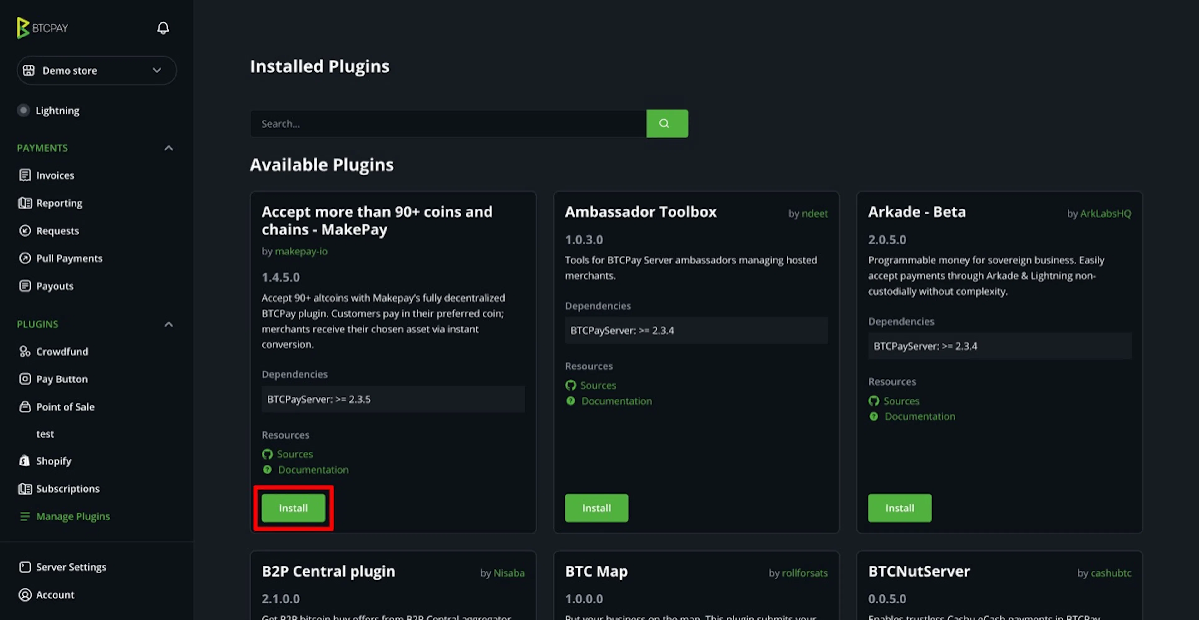BTCPay Server plugin page showing the multi-currency plugin install button