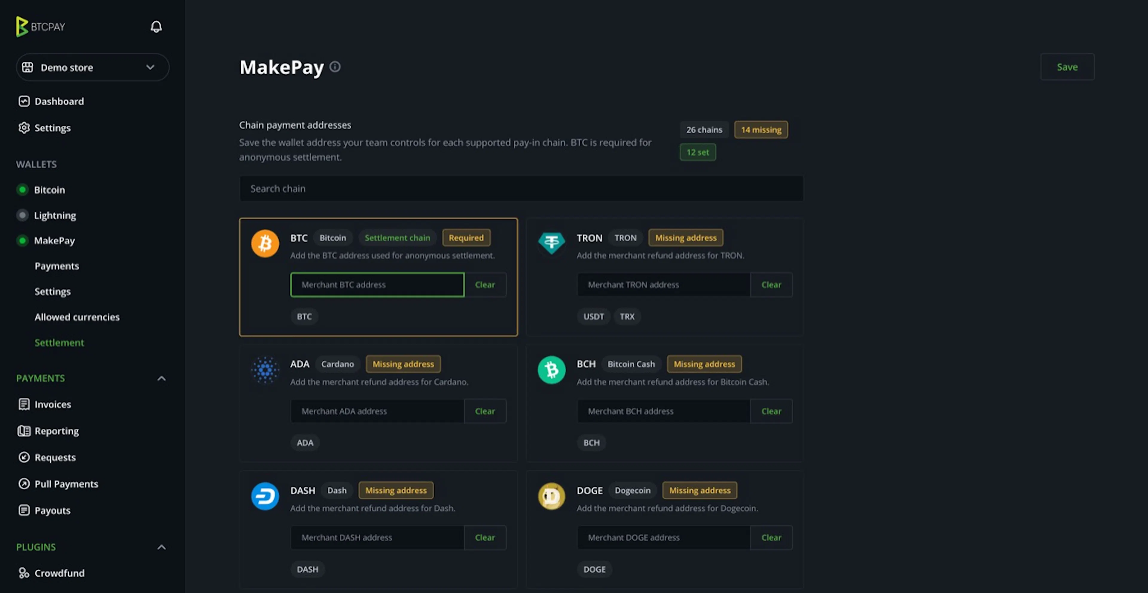 BTCPay Server plugin settings showing chain payment address fields