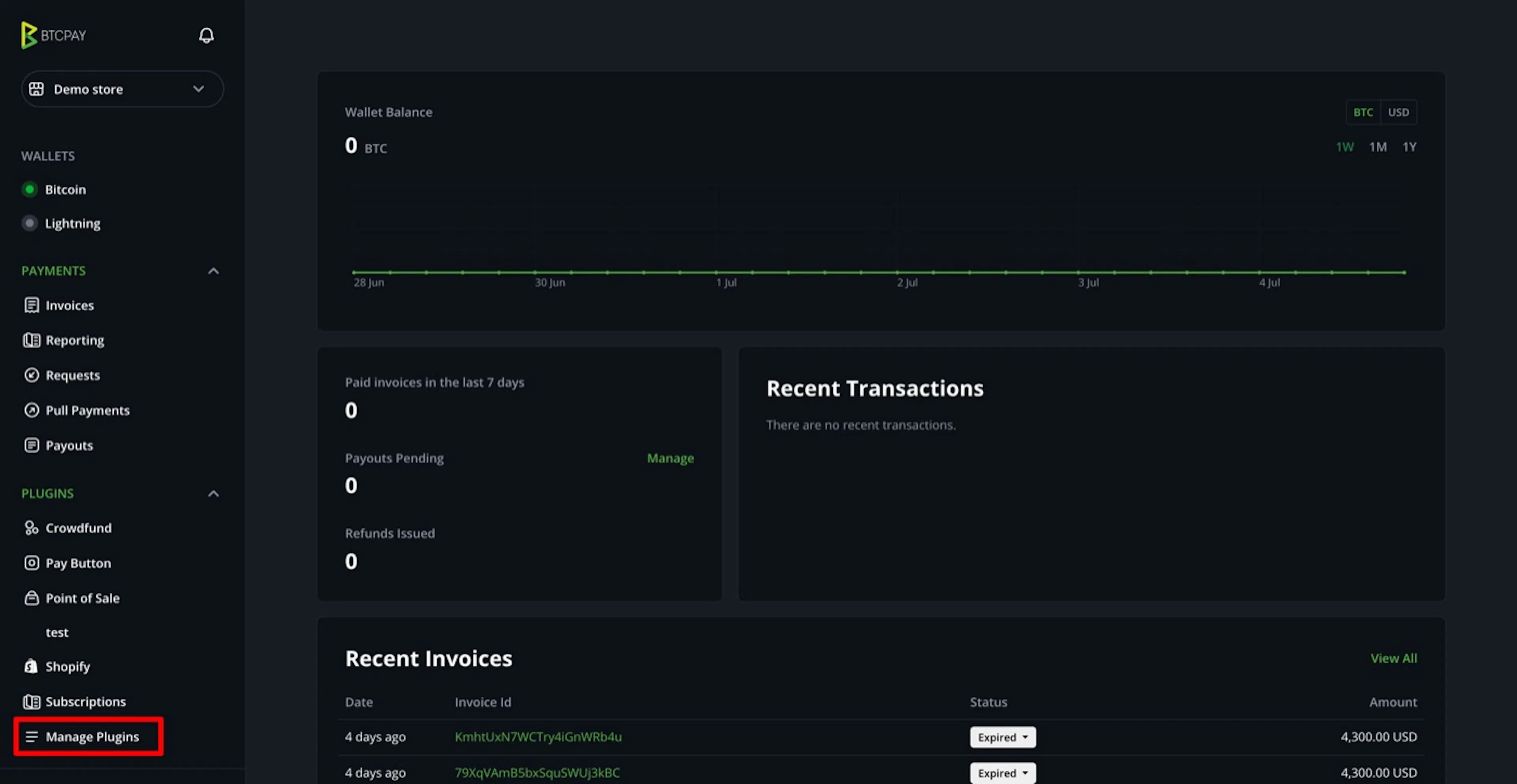 BTCPay Server dashboard showing Manage Plugins in the sidebar