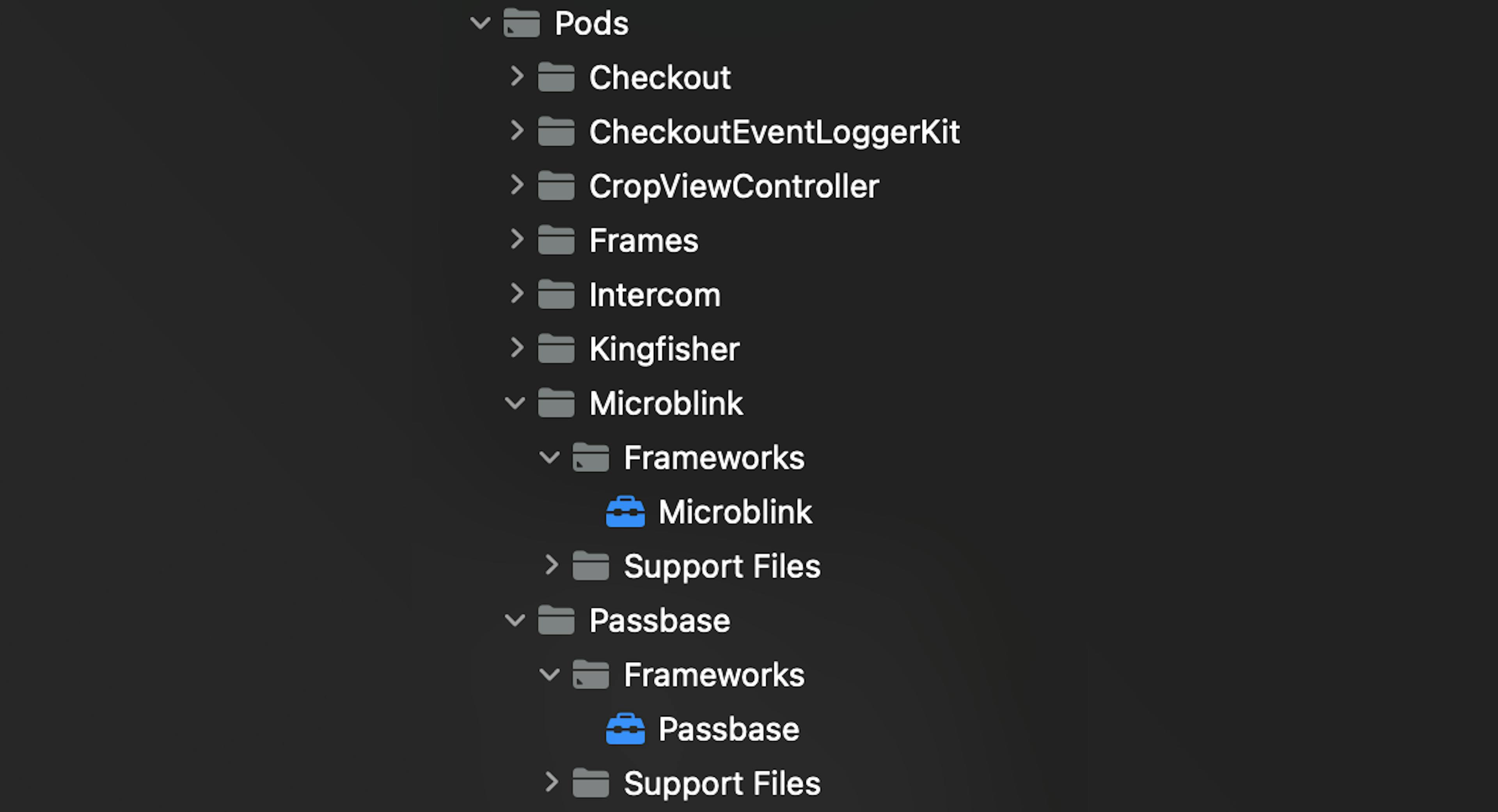 Framework's pod folder in Xcode