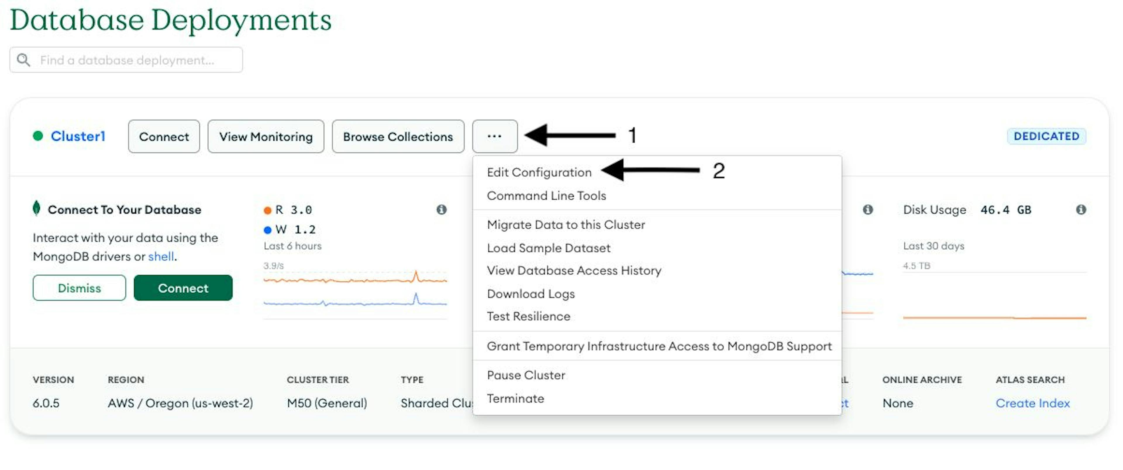 How to access the cluster configuration menu in the Atlas UI