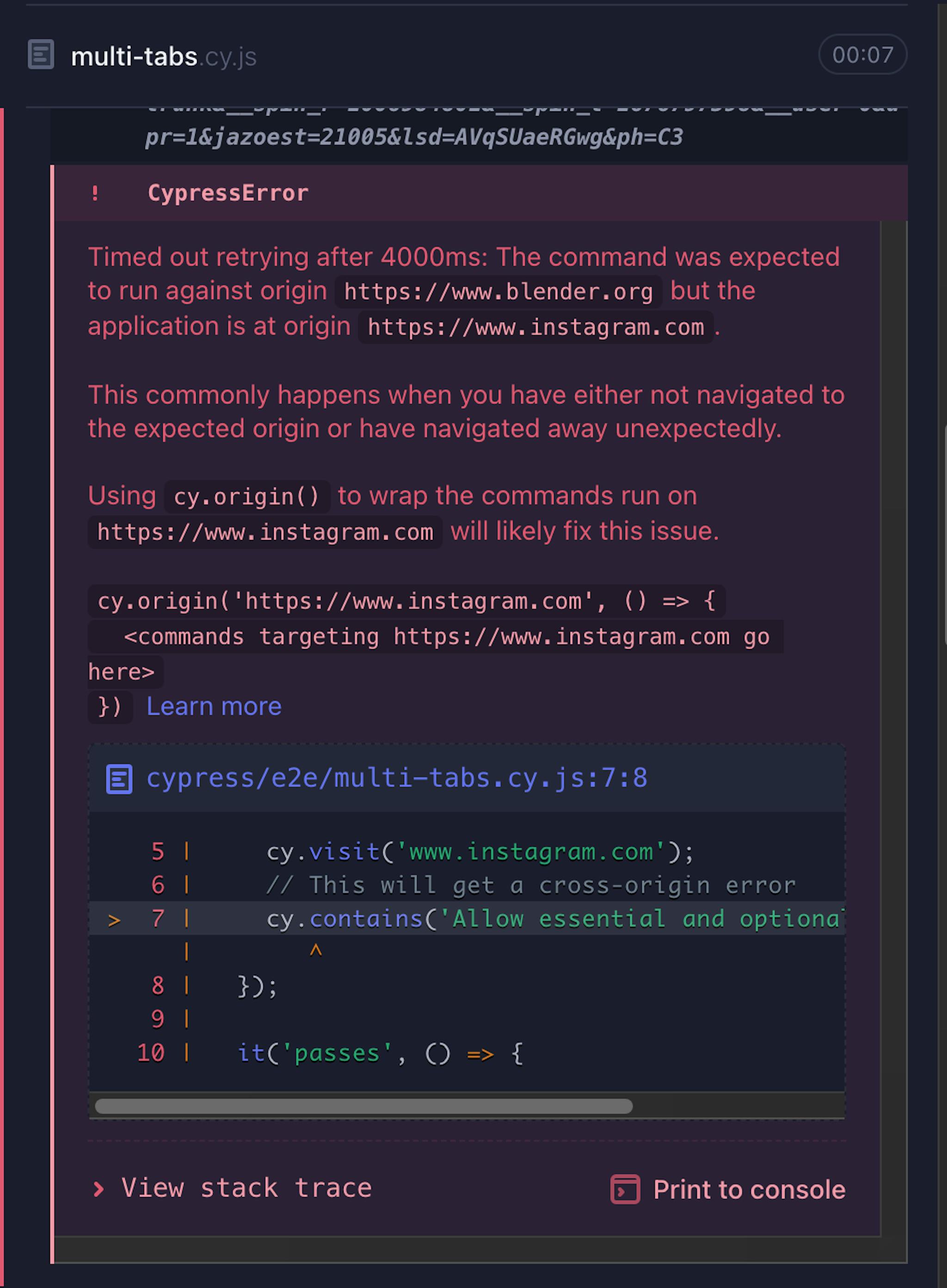 Cross-origin error caused by visiting new domain, Cypress 12.4.0