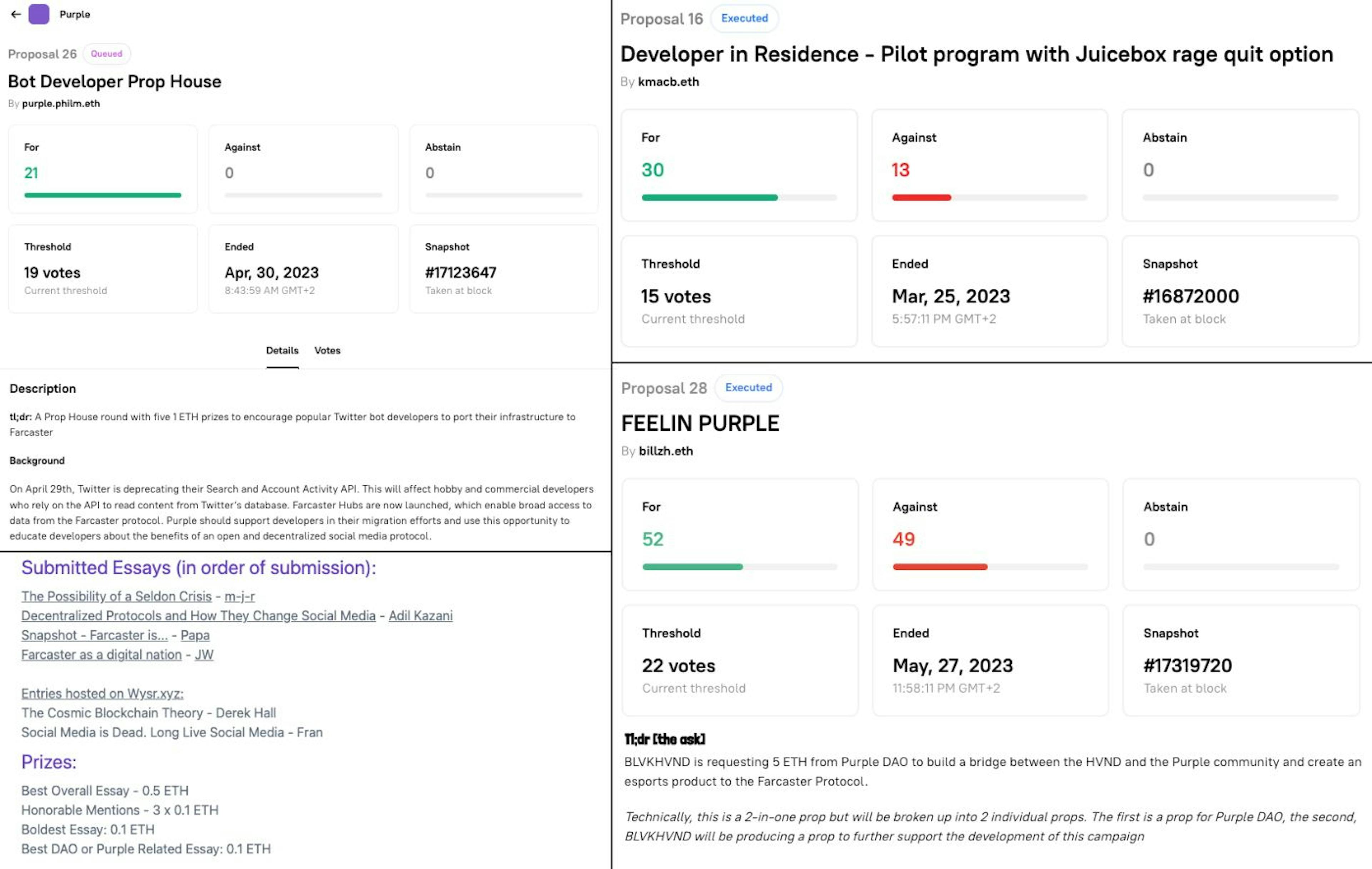 A list of recent proposals, grant funding, and contests on Farcaster