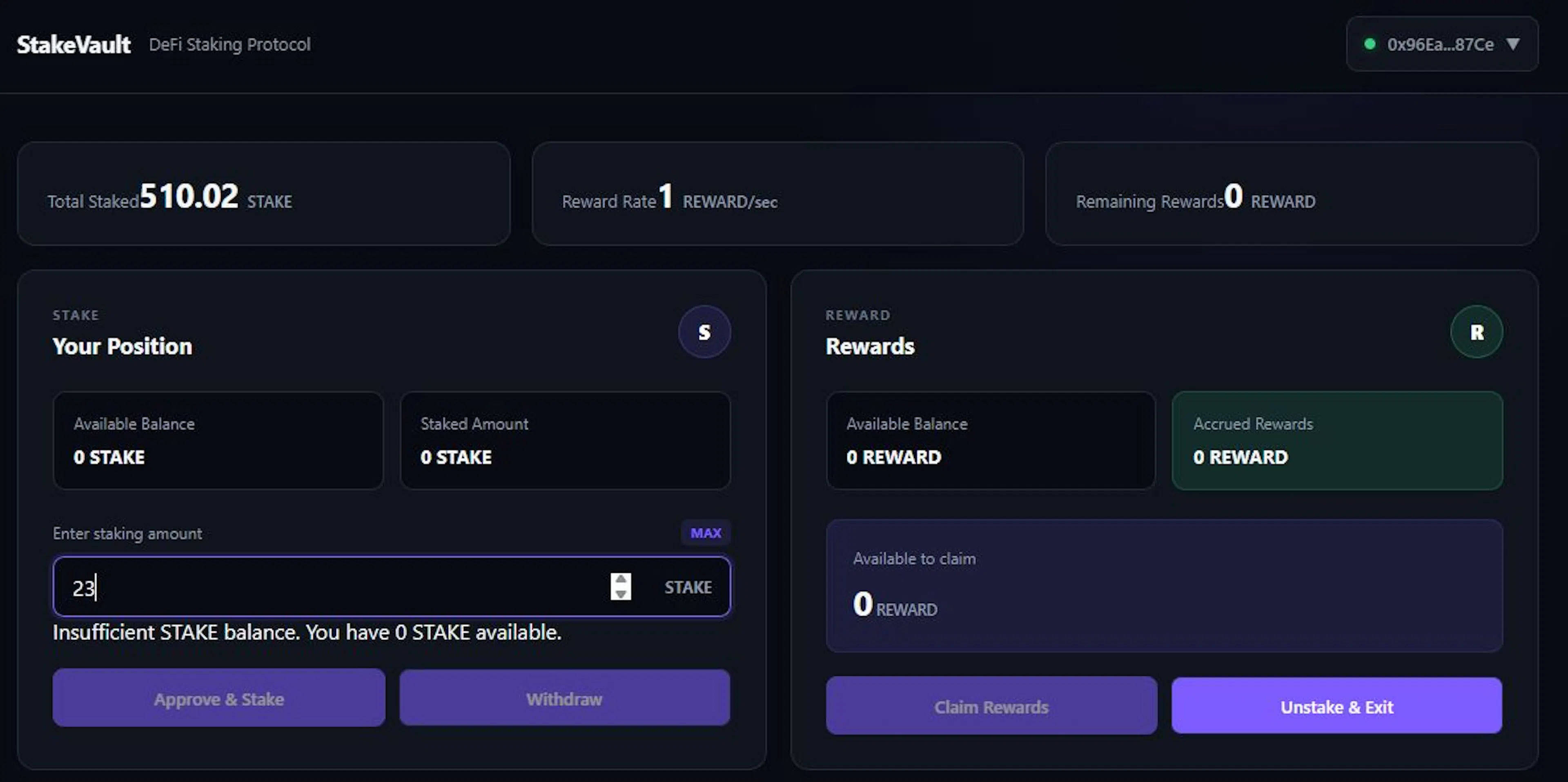 The frontend validates the user's available STAKE balance before allowing a staking transaction to proceed. When a connected wallet has insufficient STAKE, the Approve & Stake action is disabled, preventing the user from submitting an invalid staking request. 