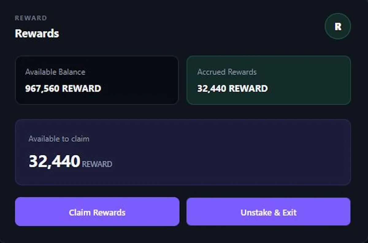 The rewards section displays the user's available REWARD balance and accrued rewards, with options to claim rewards or exit the staking position.